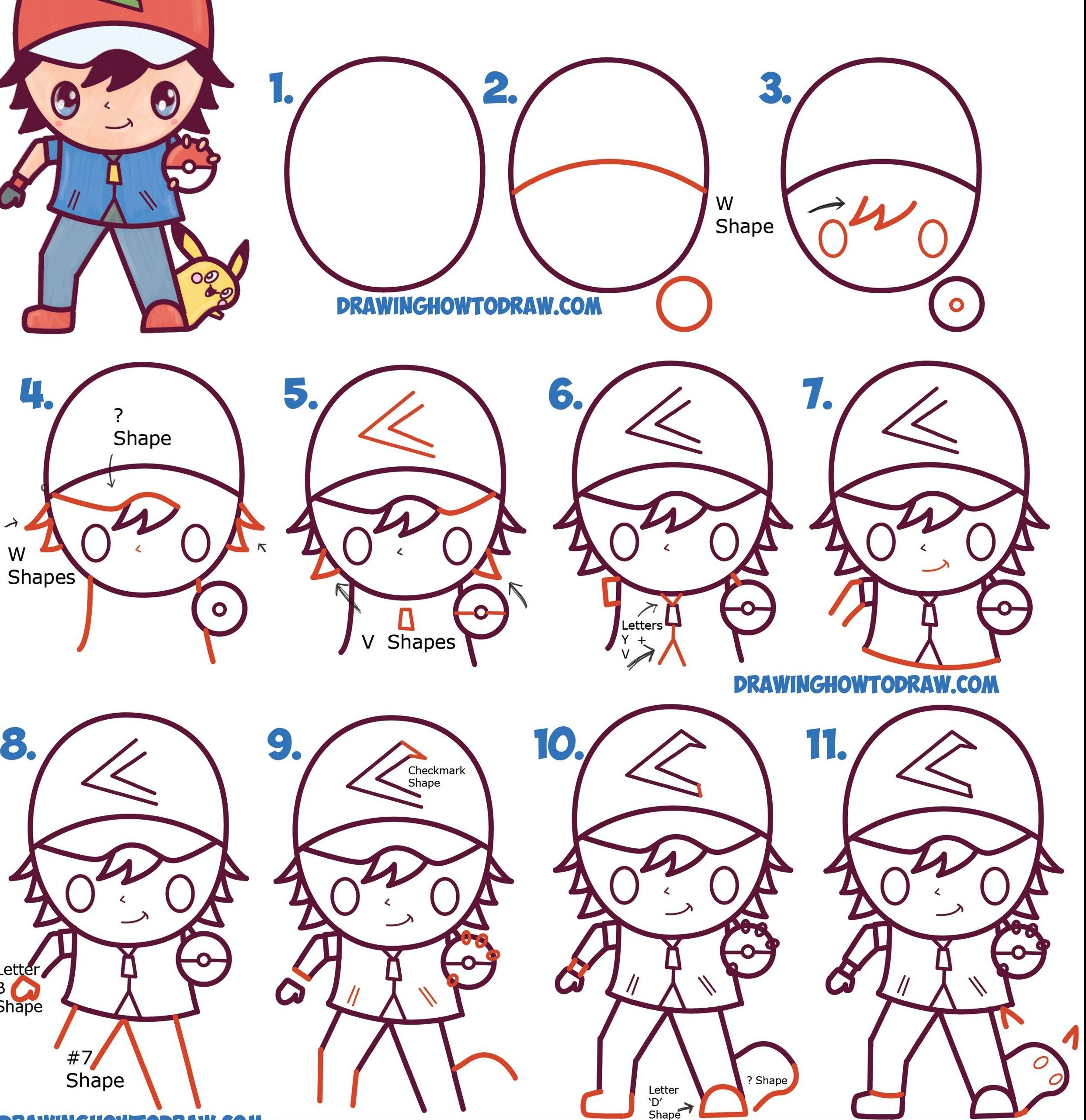 how to draw ash ketchum and pikachu step by step