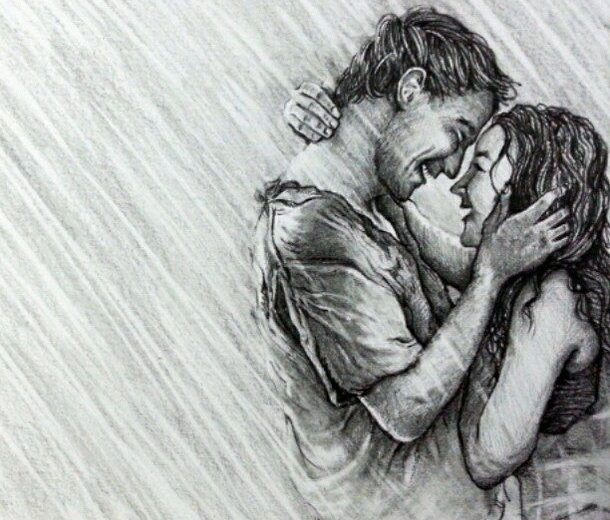 Romantic Sketch of Couple in Rain