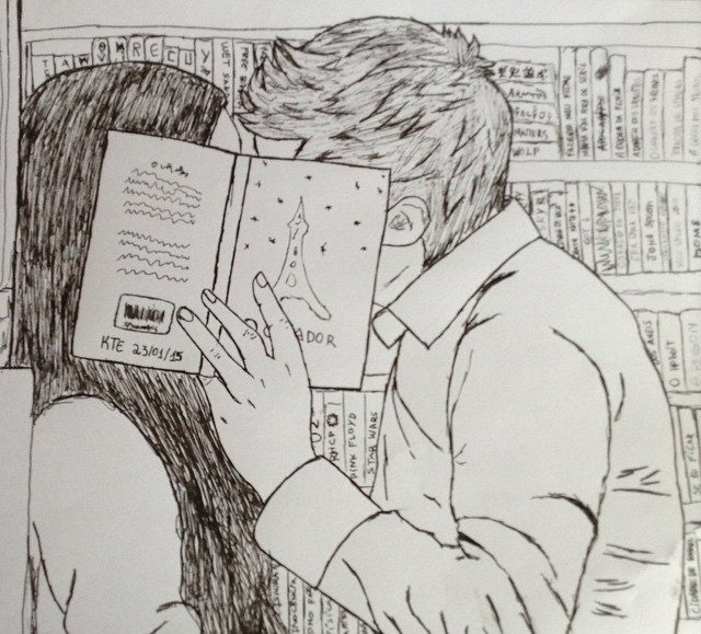 Couple Kissing Drawing in a Library