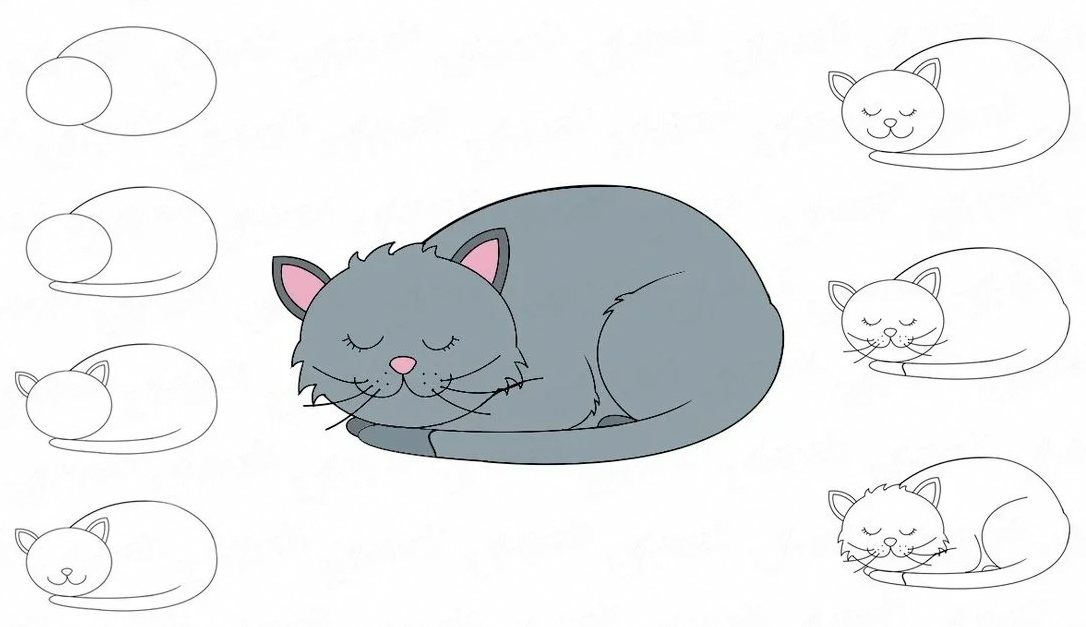 Sleeping cat sketch step by step