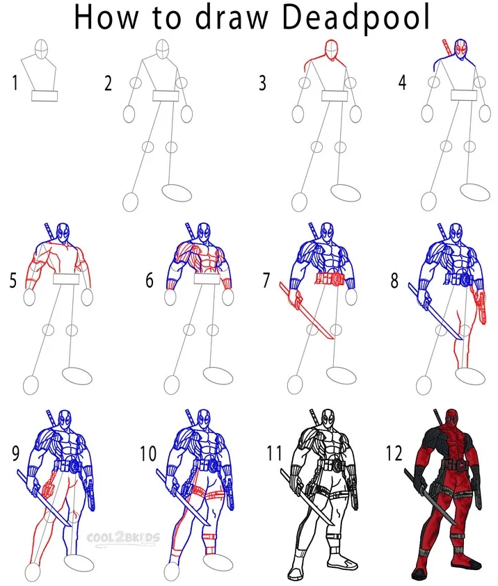 Deadpool drawing easy full body step by step