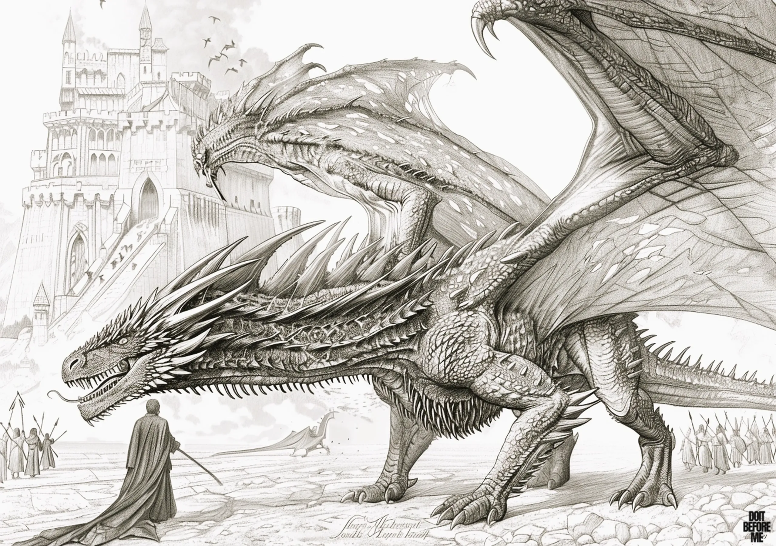 Advanced printable coloring page for adults, featuring a realistically scary full-body dragon. The lord, rider, is waiting with a sword in his hand in front of the dragon, while armies stand ready to fight in the background next to the huge castle.