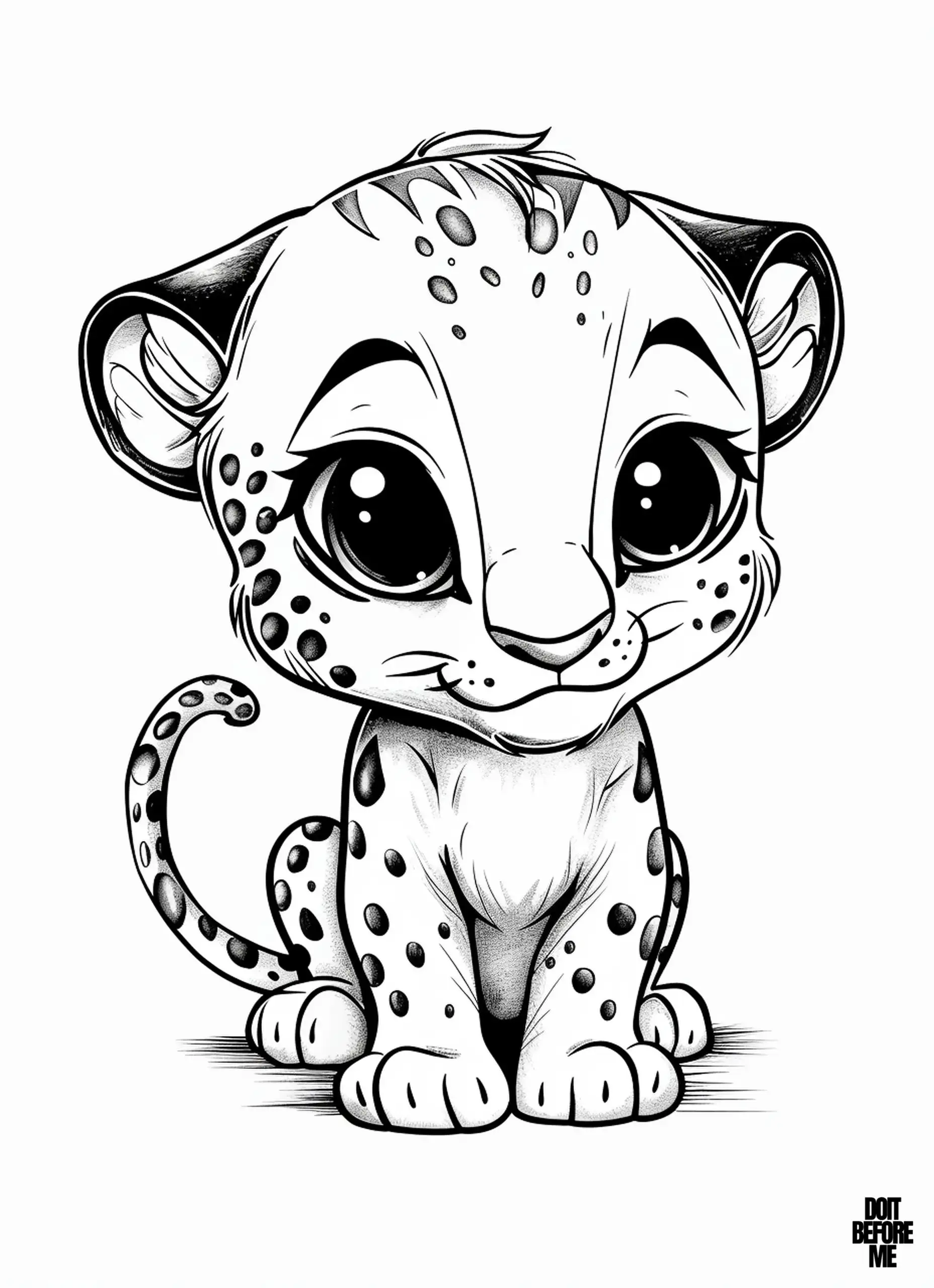 Printable baby panthera coloring page, sitting with a cute and innocent expression, with big kawaii eyes, small ears, and characteristic black spots on its fur. The coloring sheet has clear outlines that will make it easy for kids to color.