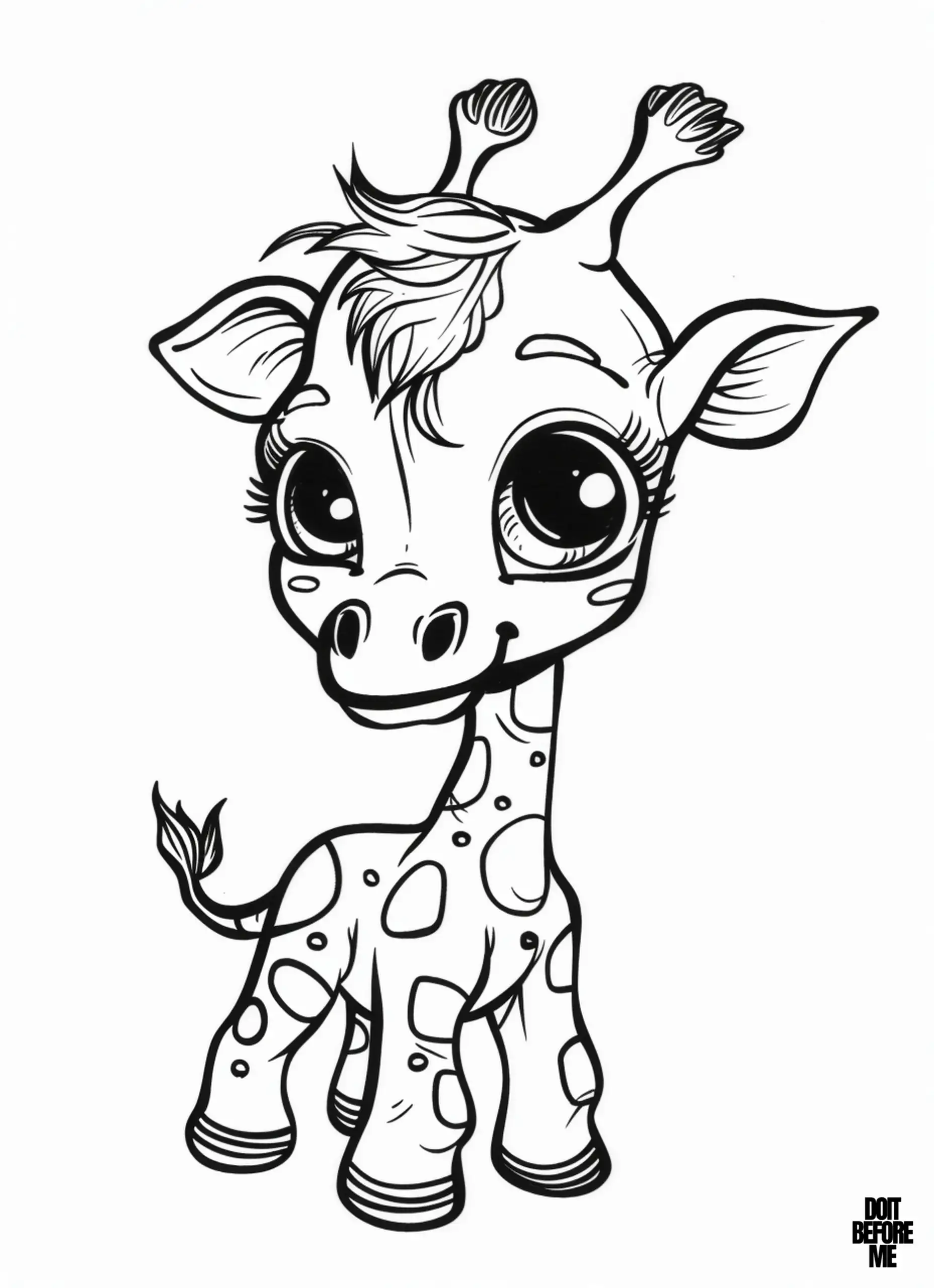 Cute baby giraffe coloring page with big expressive kawaii eyes and a friendly smile. The baby giraffe's long eyelashes, slightly bent long neck and upward-curved tassel tail make it a playful pose that will attract the attention of children.