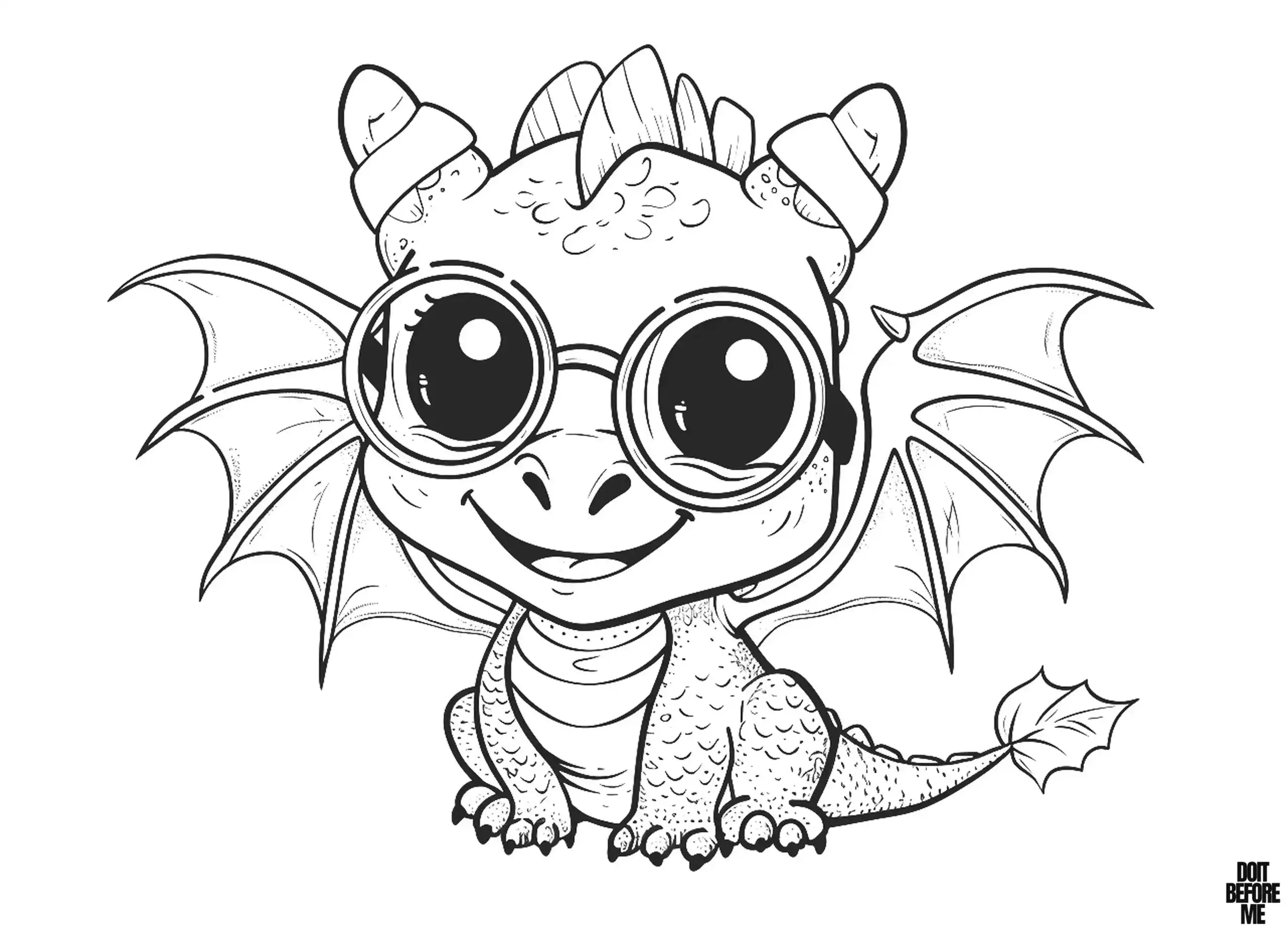 Coloring page of a smiling baby dragon hatchling with huge oversized lens glasses.