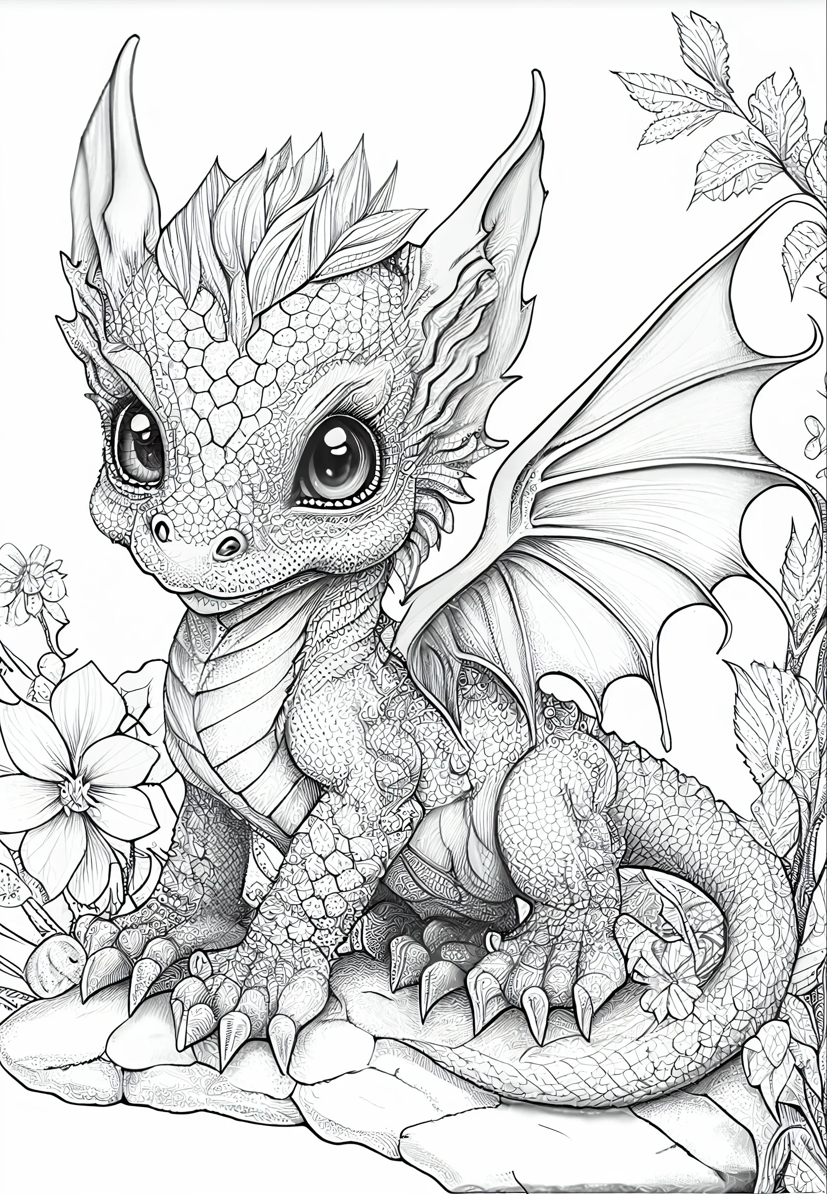 Printable coloring page featuring a realistic looking baby dragon peering through the flowers with a curious expression and big glowing eyes.