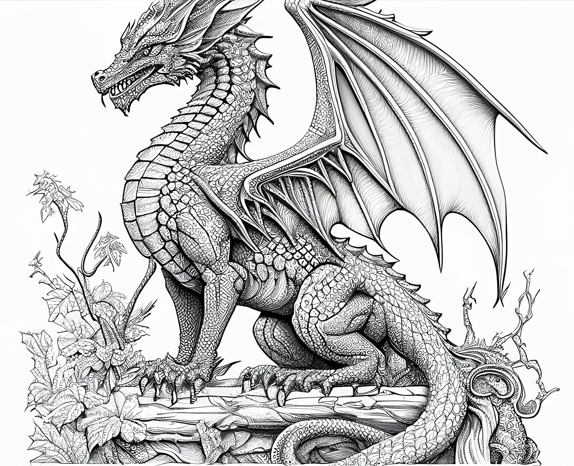 Meticulously crafted, lifelike full-body dragon coloring page for adults