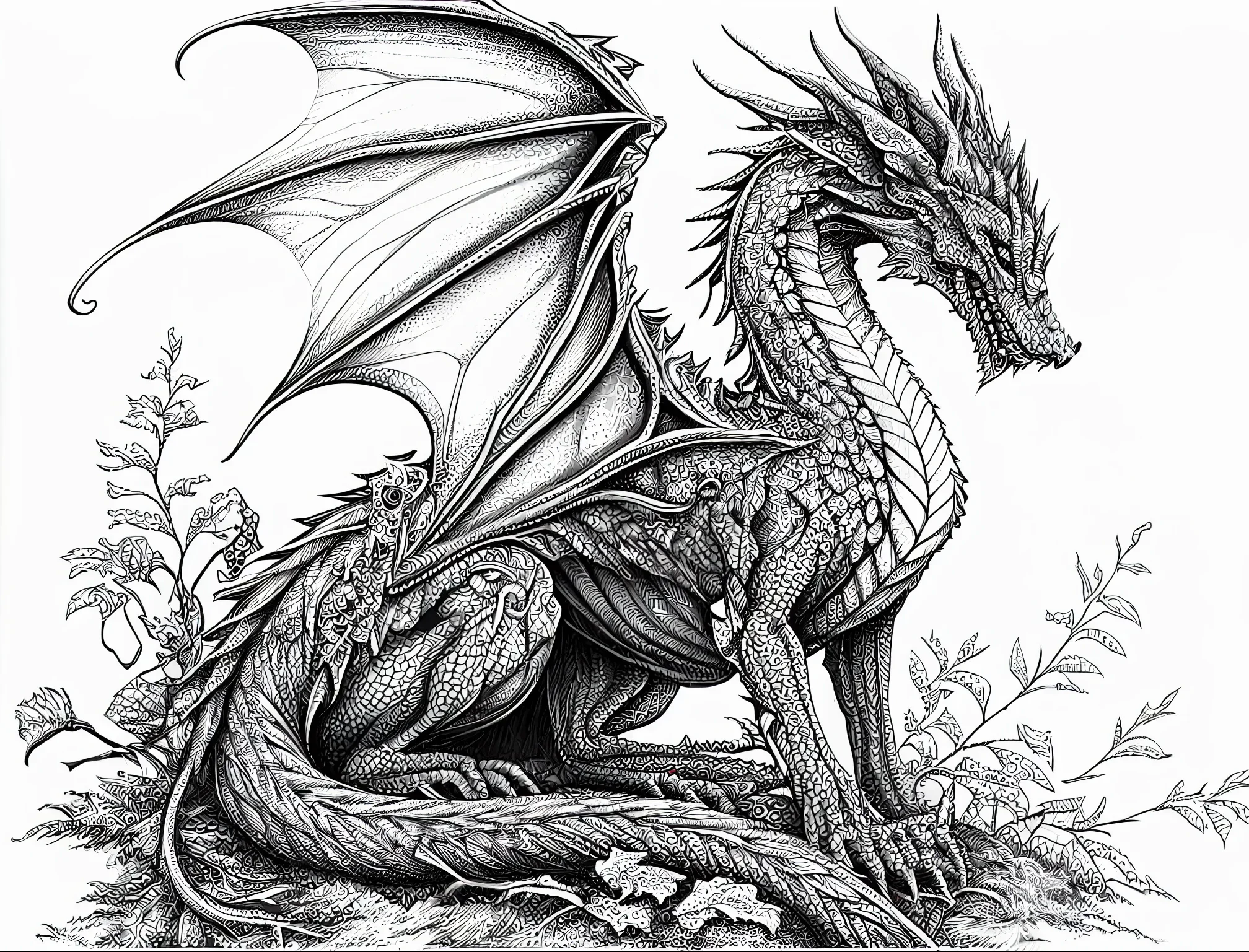 Scary Realistic Dragon Coloring Page, intricately detailed illustrations of fearsome dragons, full body.