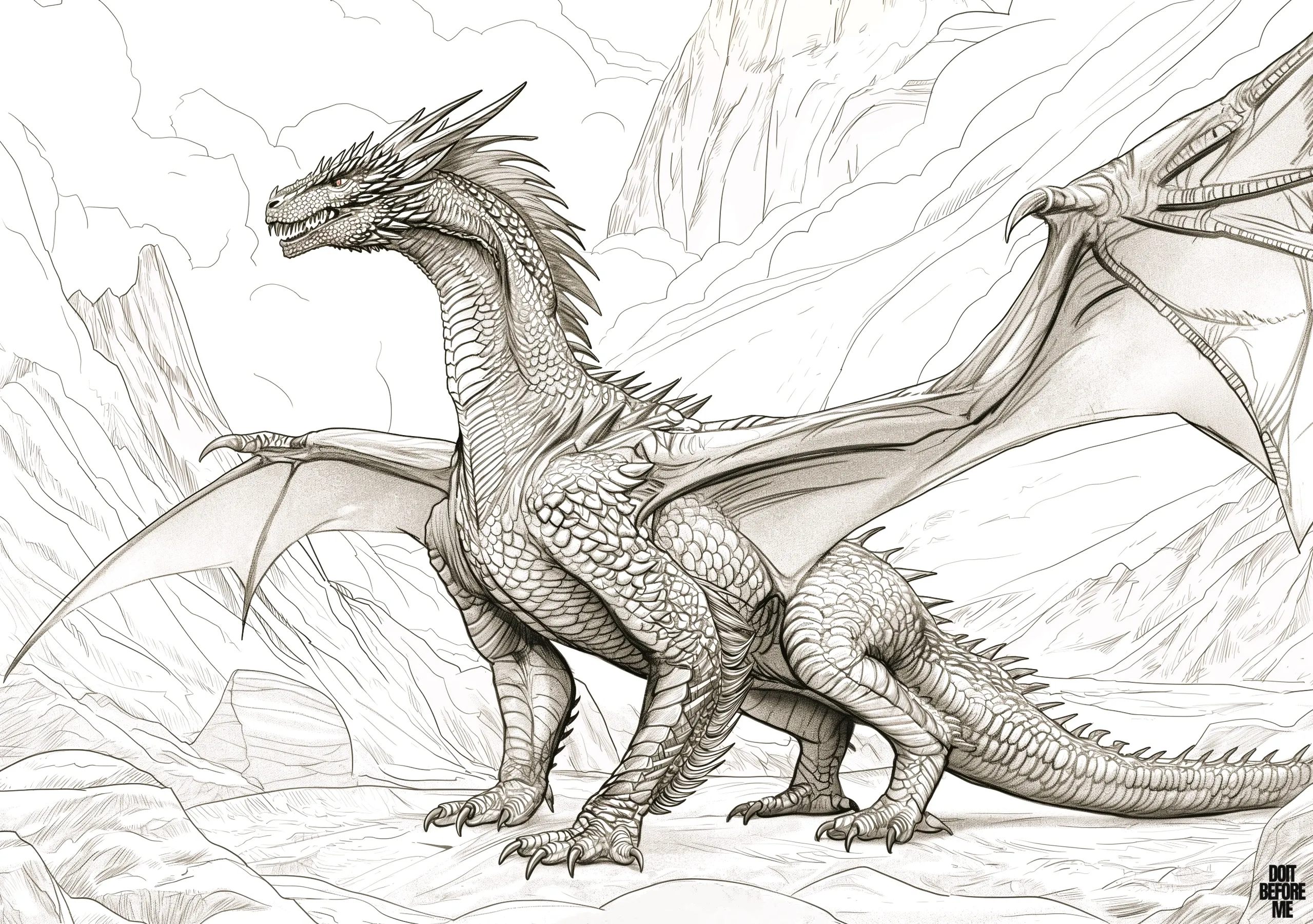 Advanced dragon coloring page showcasing a fully matured adult dragon with expansive wings poised for flight.