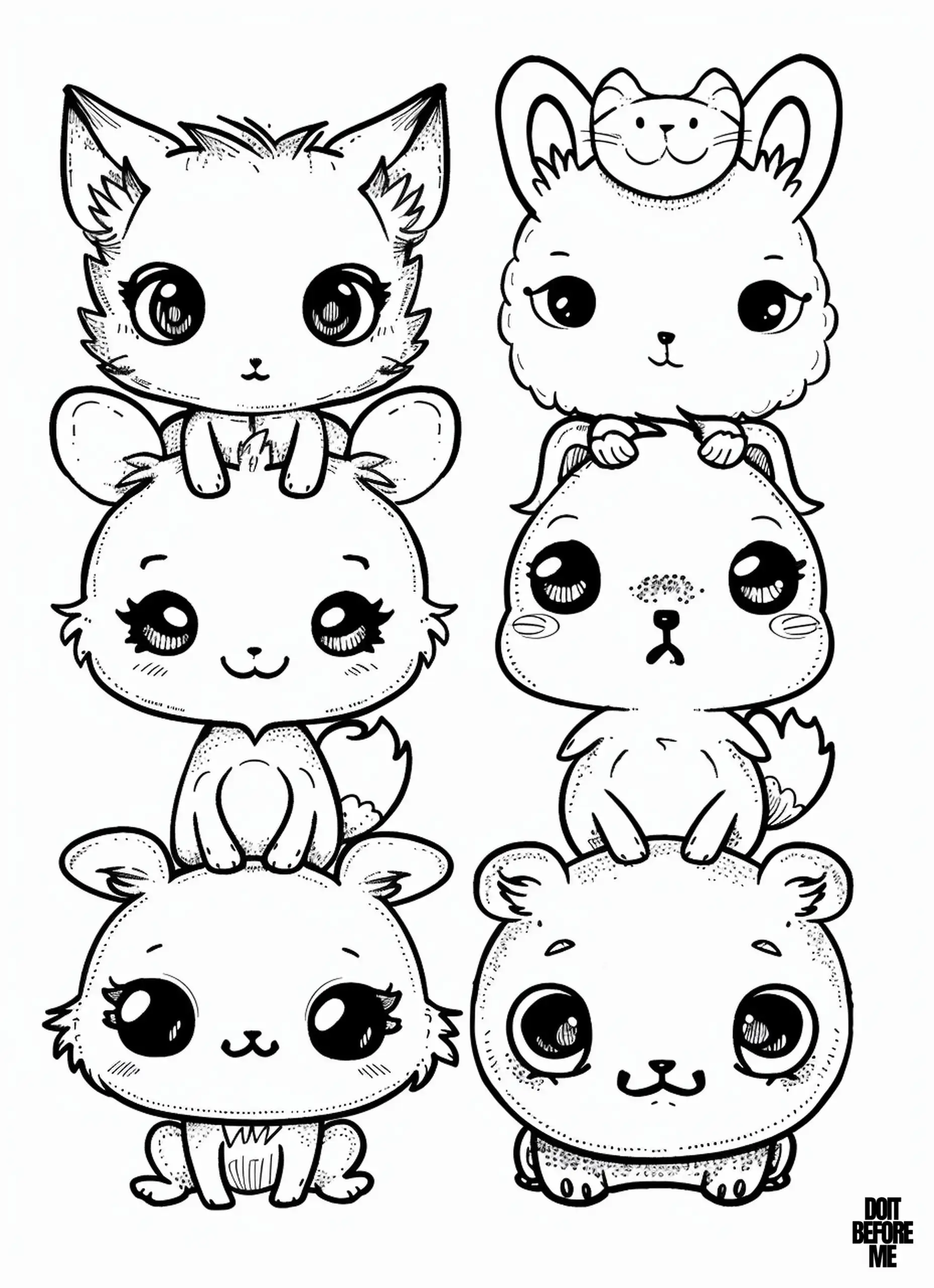 Animals coloring page designed for kindergarten due to its simple design and kawaii expressions, including a cute cat, a fluffy rabbit with a small bow on its head, a chubby bear looking content, a happy little mouse, and a playful hamster. Recommended coloring materials include crayons and felt-tip pens.