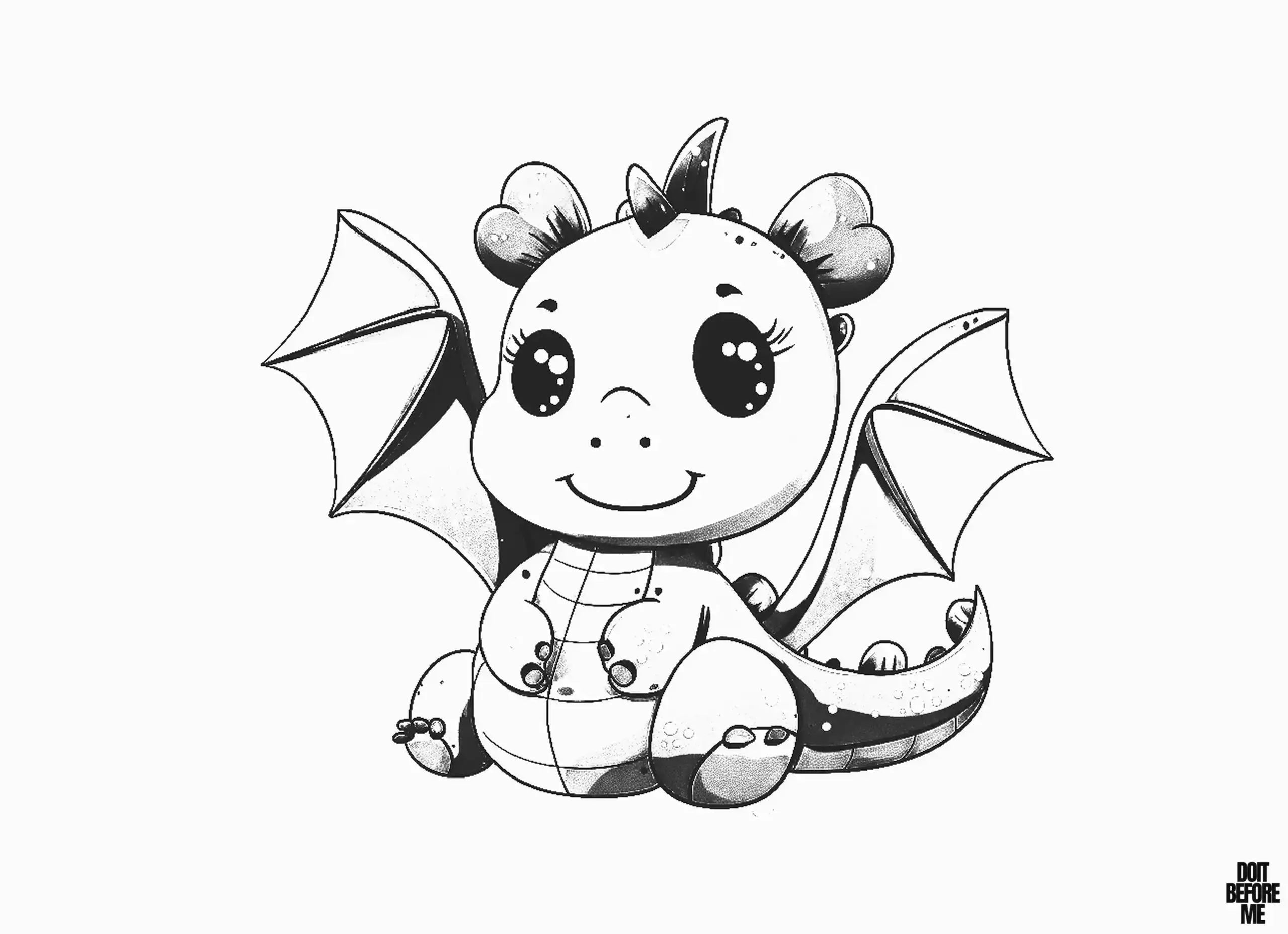 Printable coloring page of a dragon baby that can't fly due to being overweight, the baby has big glowing eyes.