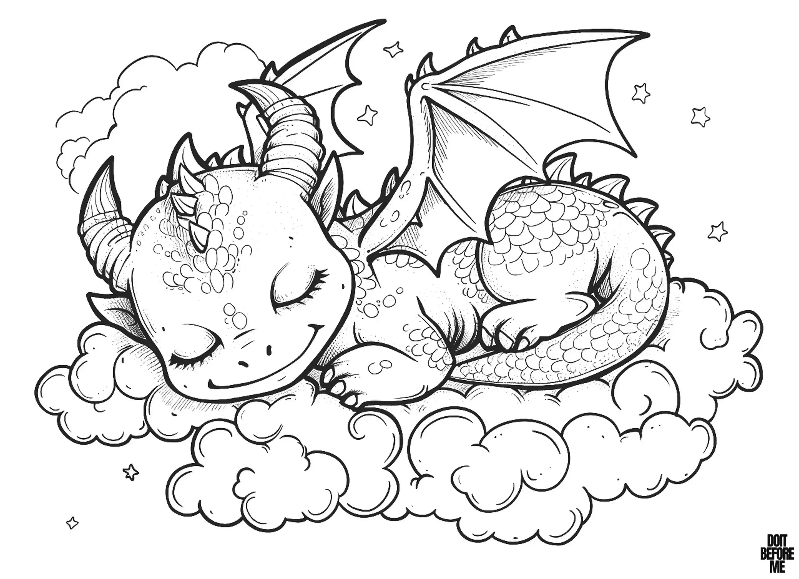 A sleeping baby dragon leaning its head against the clouds at night, with other clouds and stars next to it.