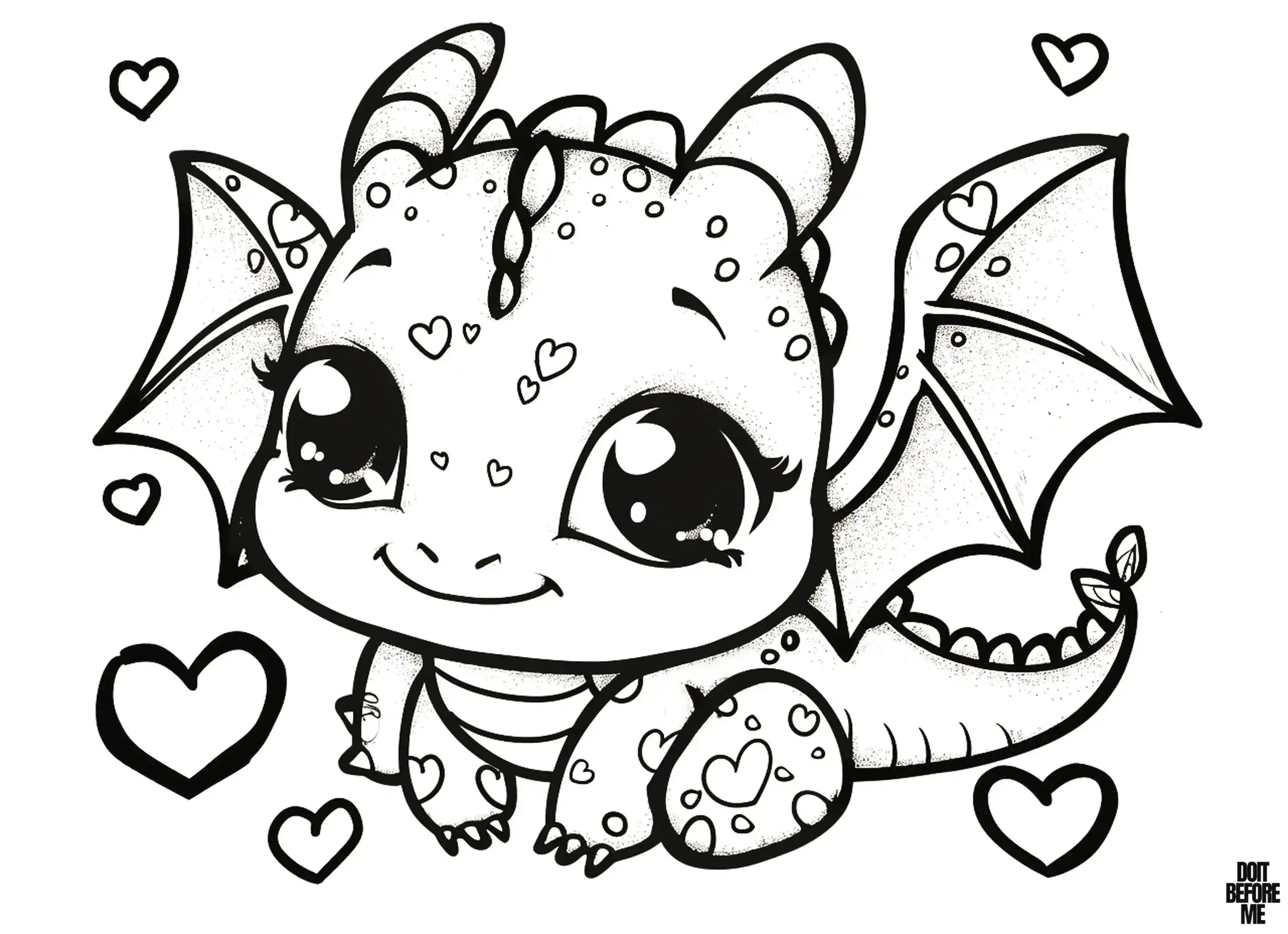 A sweet, smiling baby dragon coloring sheet with big eyes adorned with hearts, both on and around it.