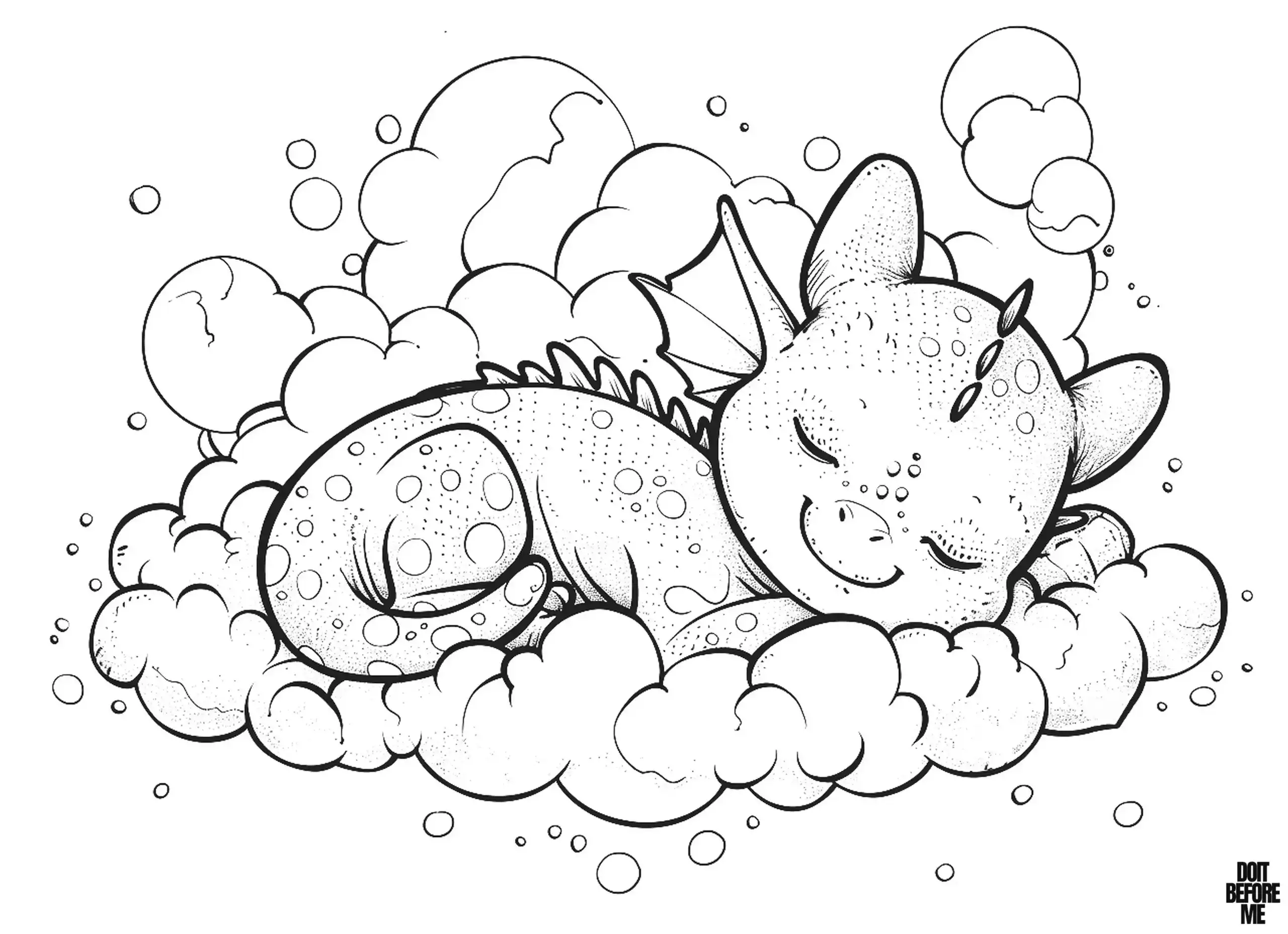 A baby dragon lying on the clouds and sleeping peacefully with a smiling facial expression.