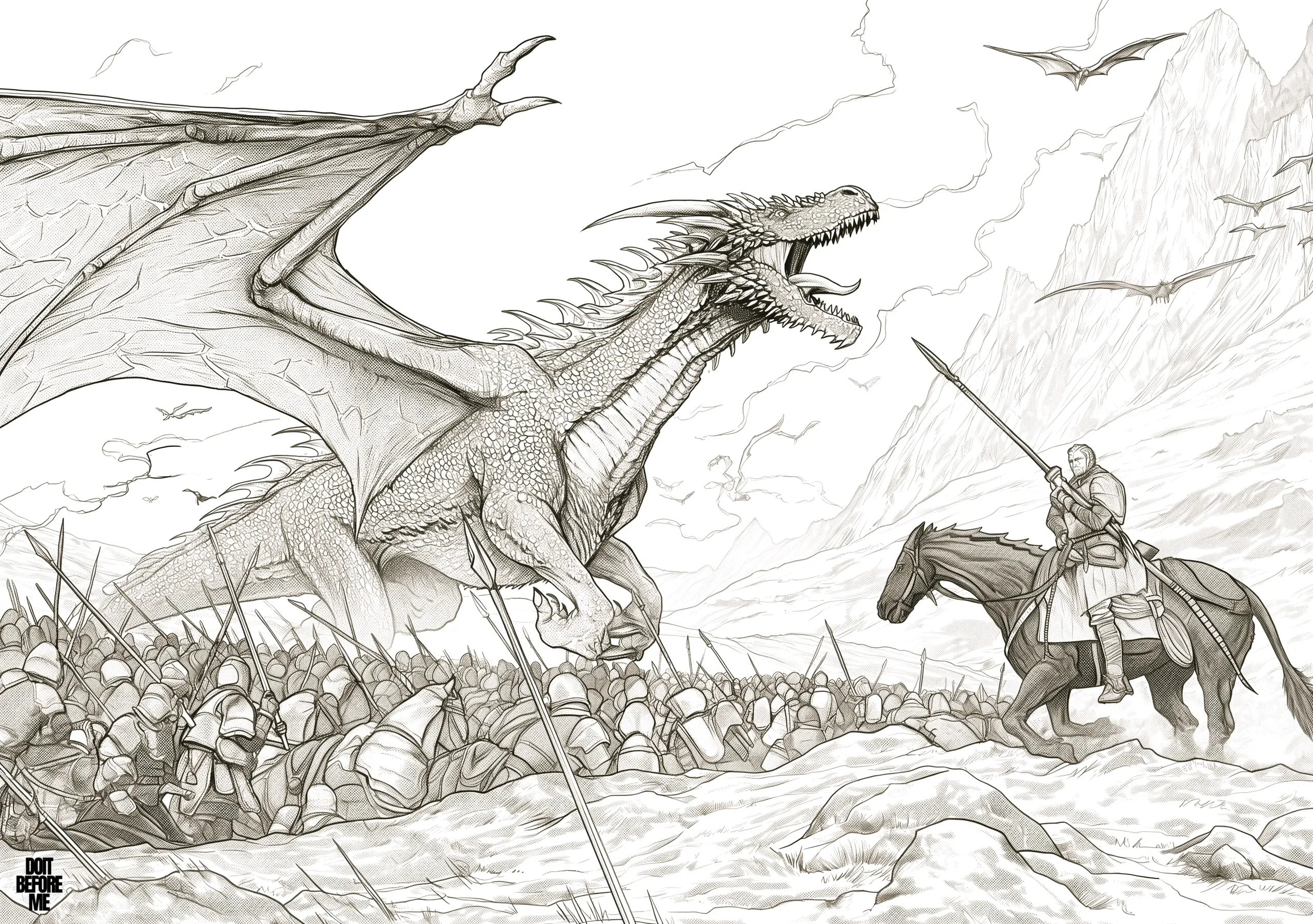 Printable coloring page depicting a majestic dragon engaged in battle alongside cavalry armies, offering detailed scenes for adult coloring.