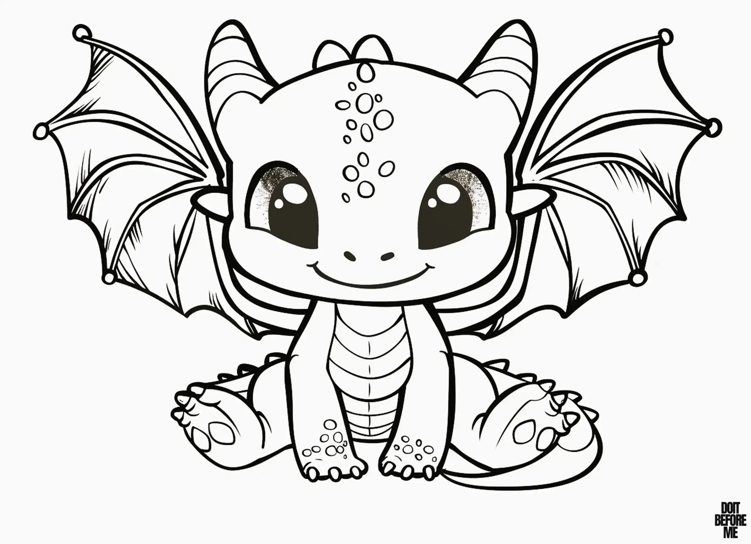 Coloring page of a sweet-looking baby dragon, with tiny horns on both sides of its head, too small to fly yet. The dragon is sitting and has easy-to-color lines.