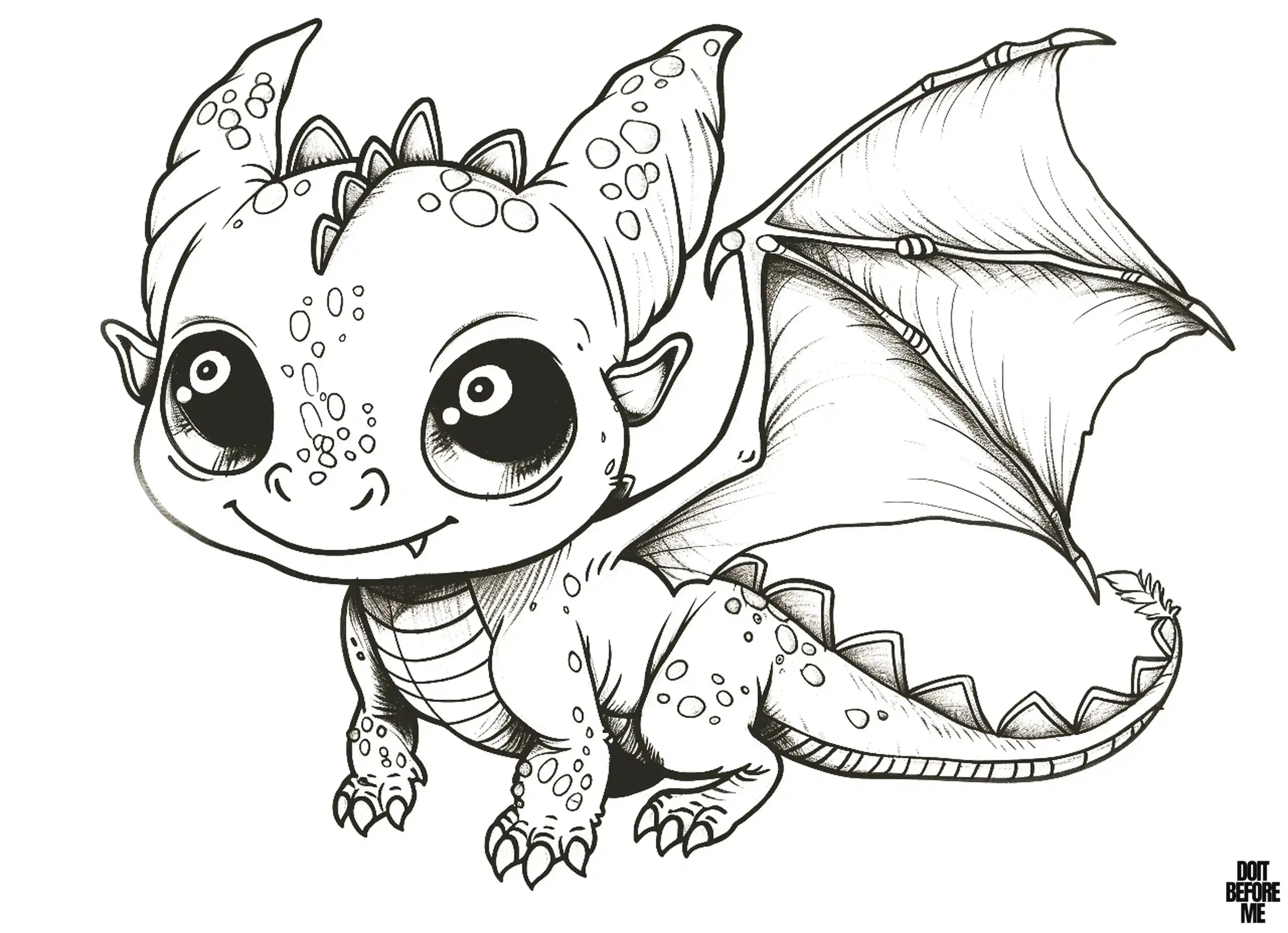 A realistic-looking, big-eyed baby dragon with only one tooth left, spread its wings and ready to fly.