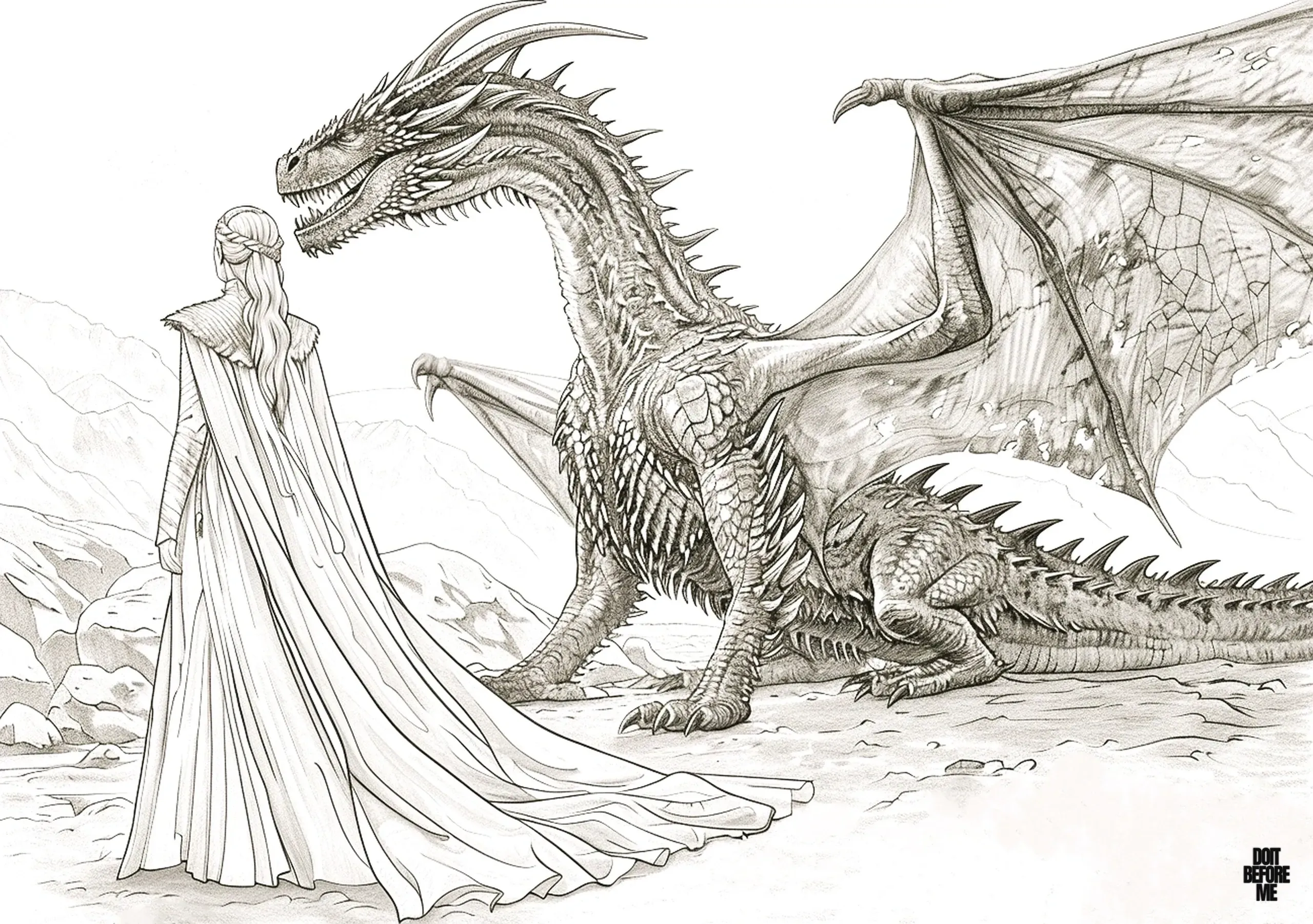 Realistic full-body dragon coloring page standing alongside its rider, showcasing intricate details and companionship.