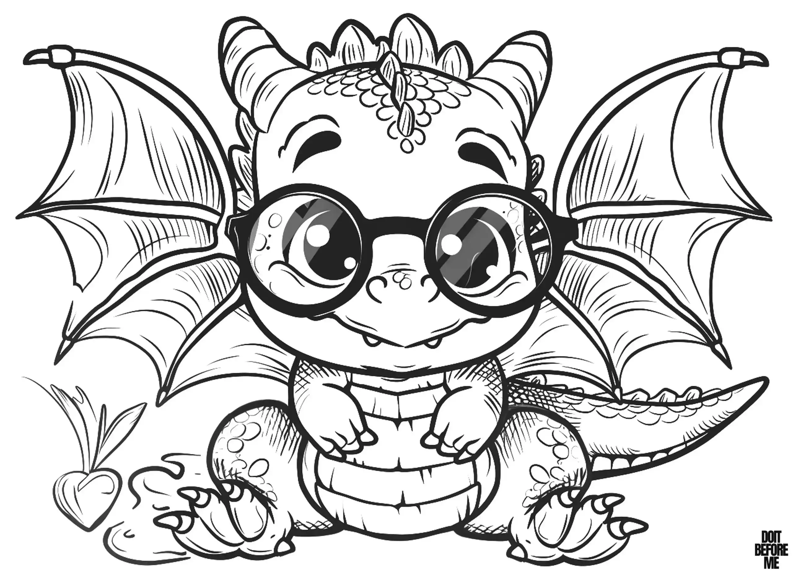 Nerdy, hard-working, bespectacled, slightly chubby, sweet, and endearing, this baby dragon cub, with uplifted wings, is simply adorable.