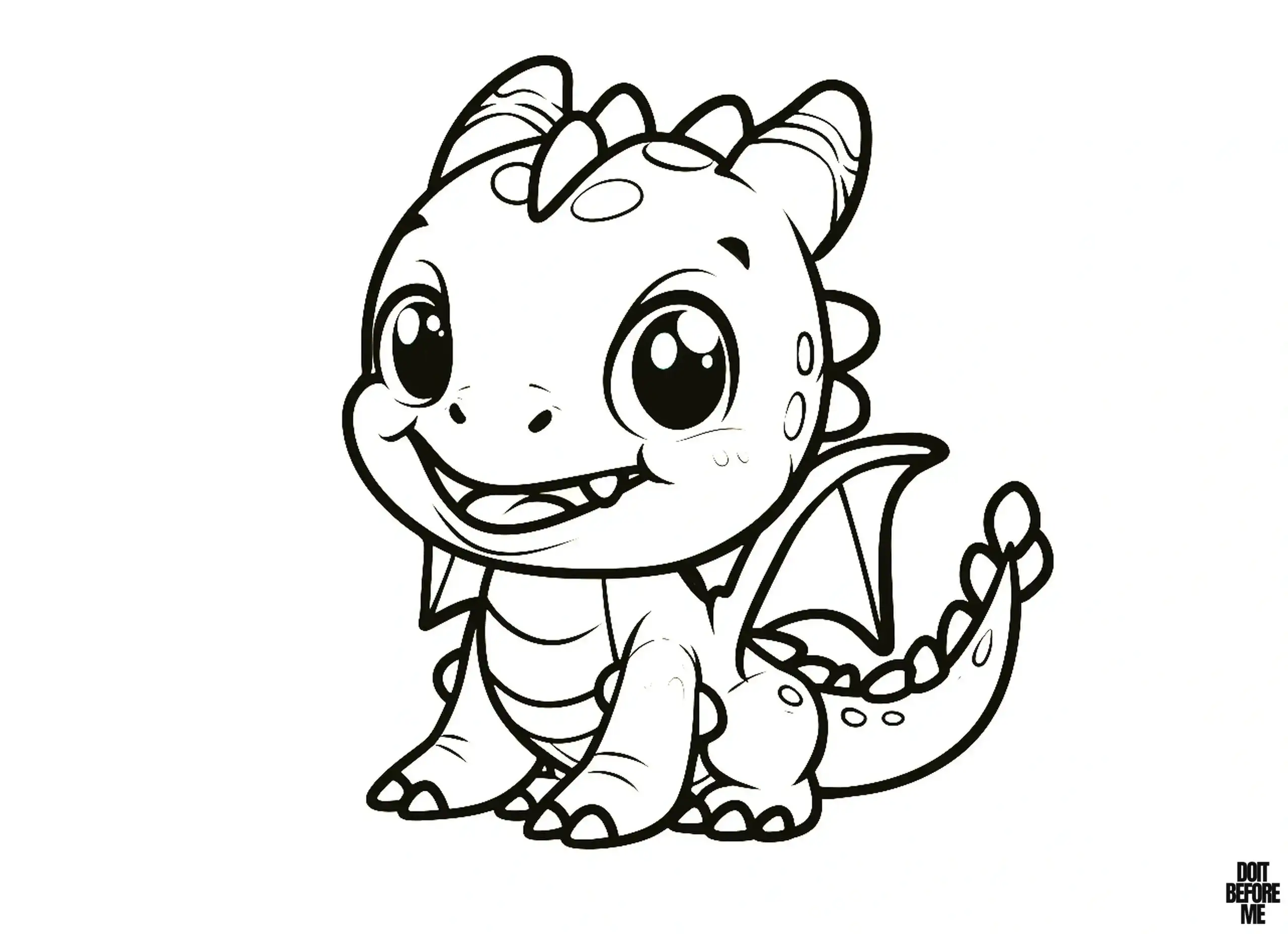 baby dragon smiles affectionately with his little tail and wings with horns.