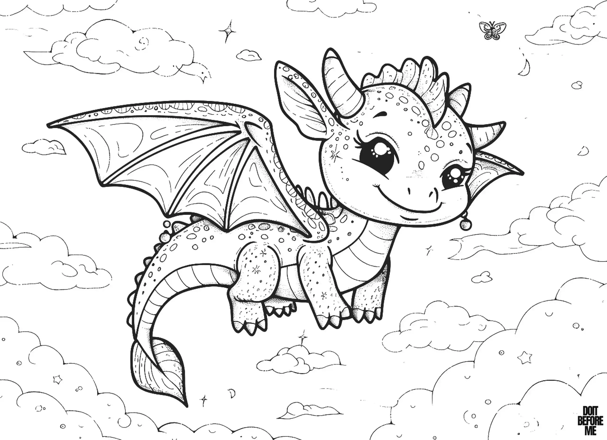 A coloring page in which the baby dragon, which has just learned to fly, flies by flapping its wings in the air and determines its direction with its tail, can be easily colored by kids with its simple design, and by adults with its cute design.