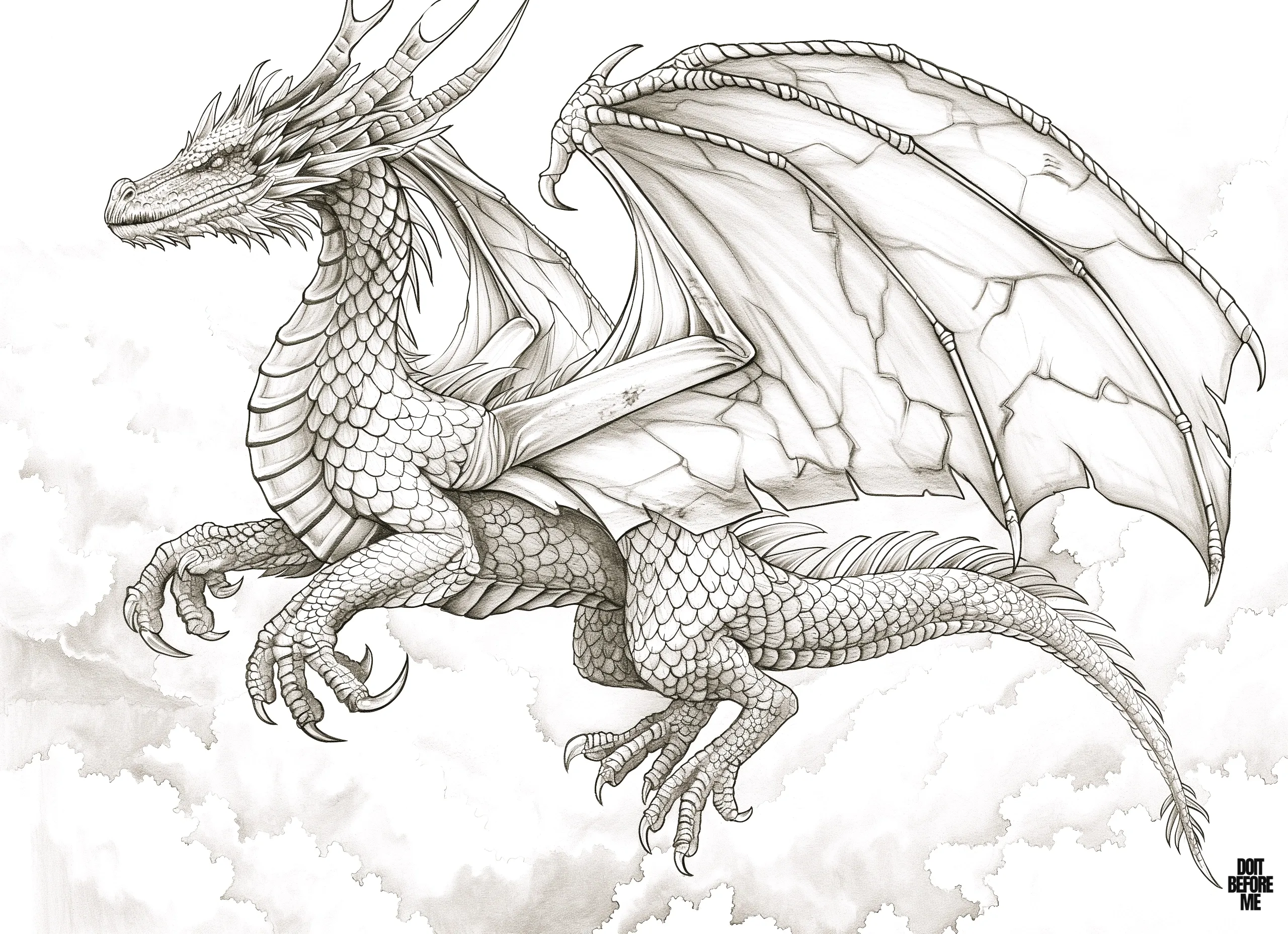 Printable coloring page of a majestic Chinese dragon, soars gracefully amidst clouds, capturing the mythical essence.