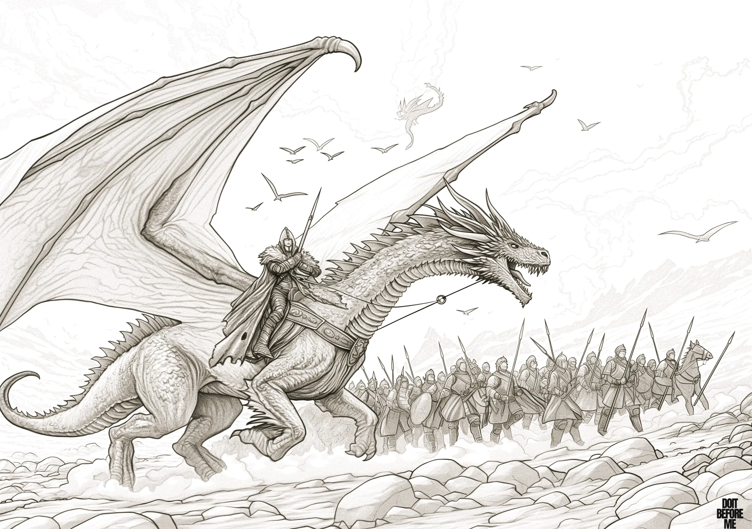 Dragon-themed coloring page featuring an epic scene of a rider atop a fierce dragon charging into battle. The dynamic illustration showcases armies in the background and other dragons soaring in the sky, capturing the excitement and intensity of war.