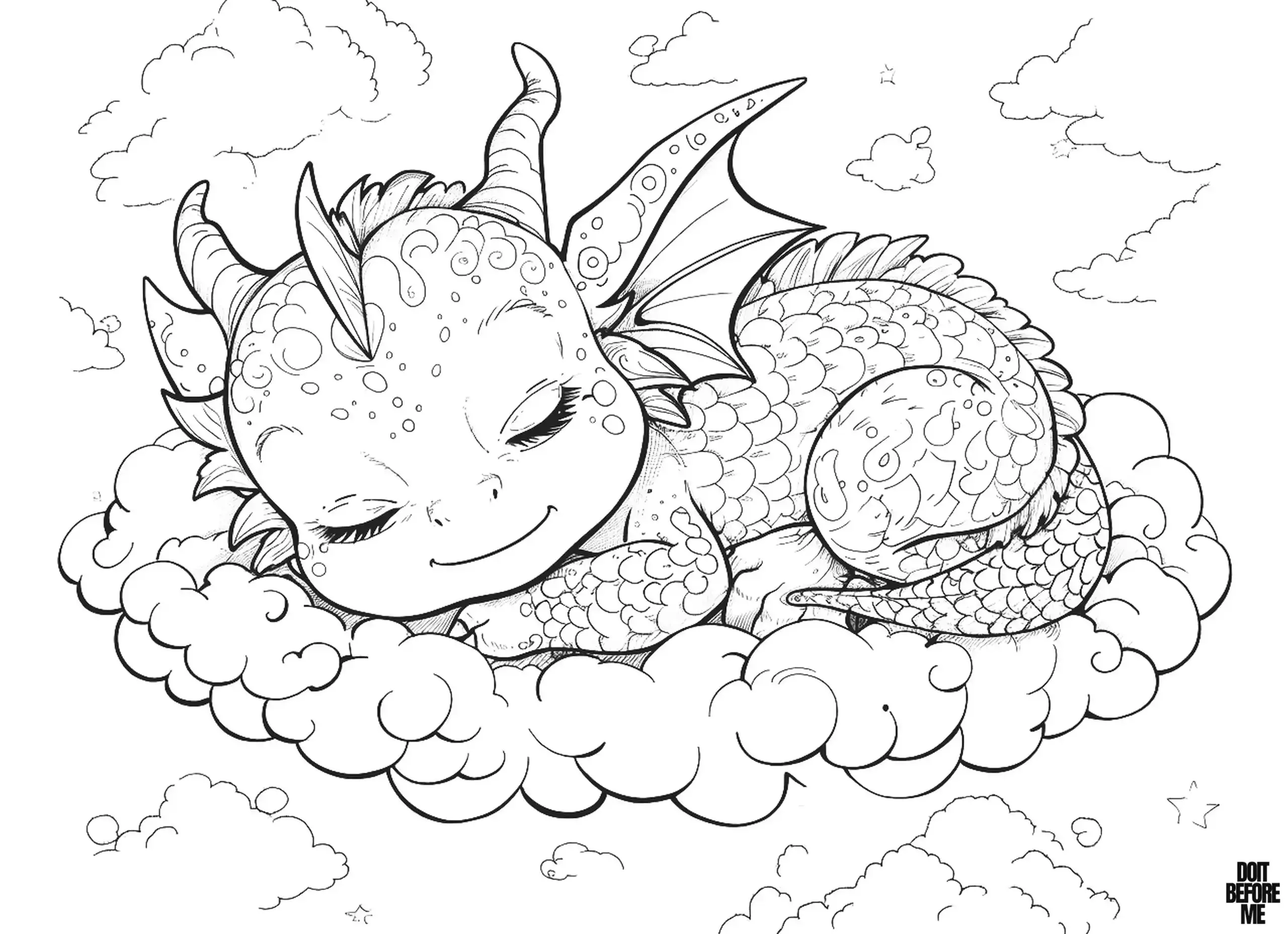 Chibi kawaii baby dragon sleeps peacefully on a bed of clouds in the sky coloring page for kids.