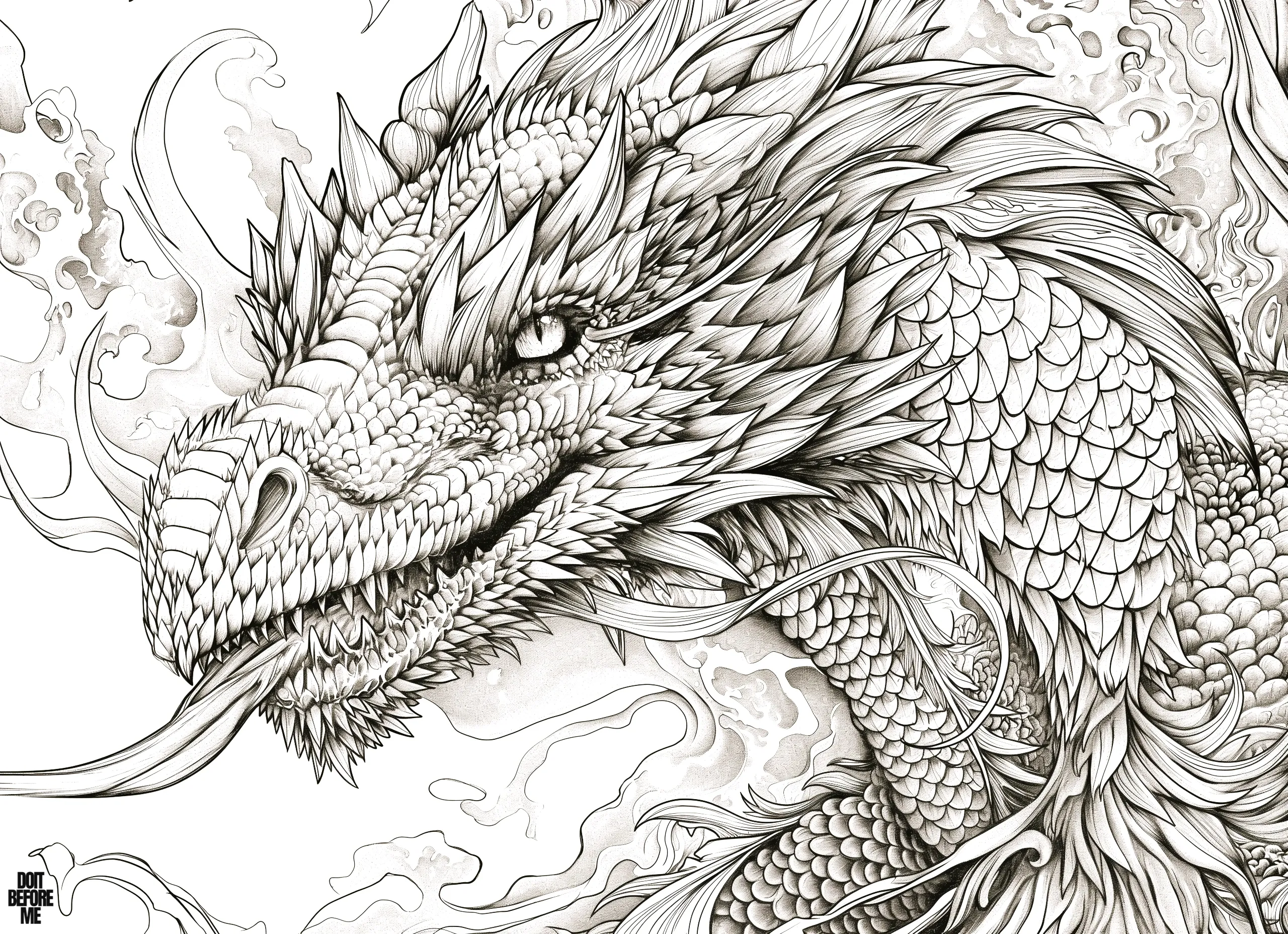 Printable coloring page of a realistic dragon with intricate facial details, suitable for adult coloring.