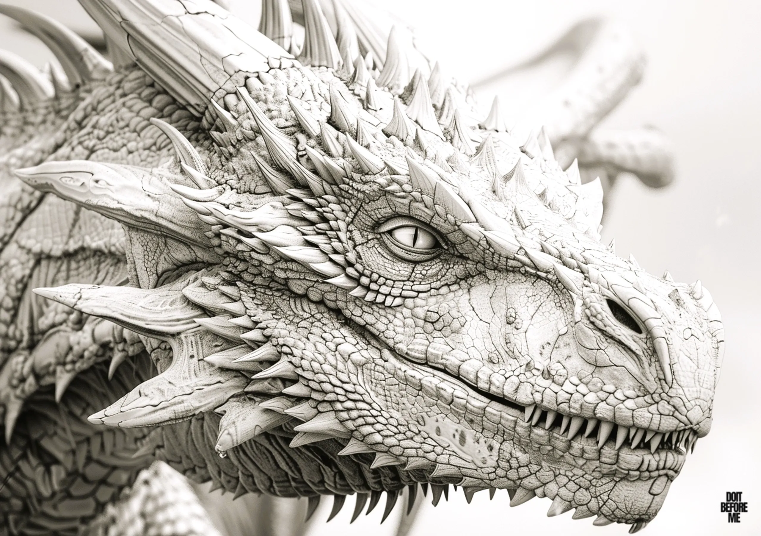 Printable coloring page featuring an intricately detailed and realistic mythical dragon face, designed for advanced adult coloring enthusiasts.