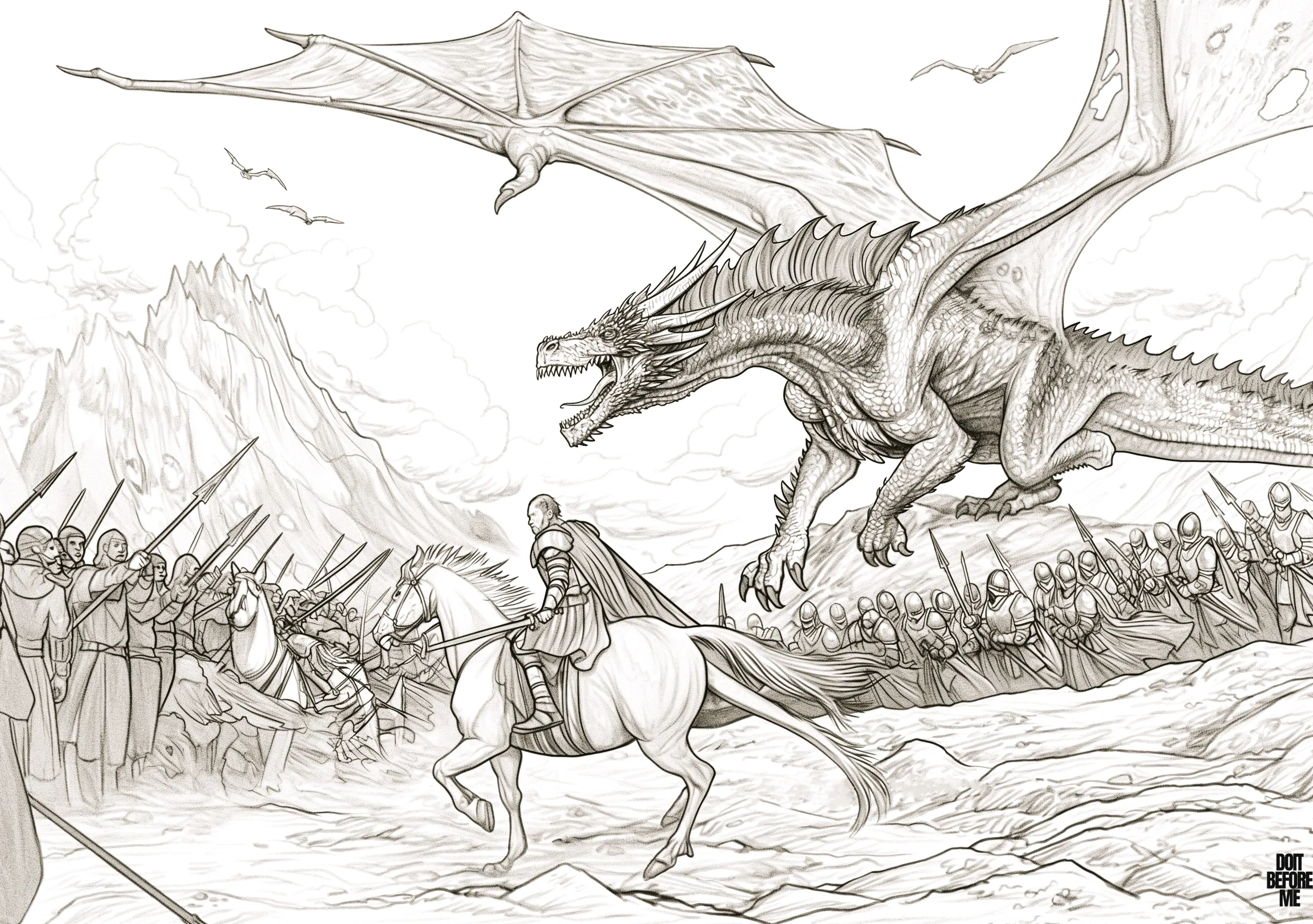 Free printable coloring page for advanced adults depicting a dramatic scene of two enemy armies clashing in the midst of war. A cavalry charge unfolds, while a detailed, full-body dragon launches a fierce aerial attack. Additional dragons engage in the sky, intensifying the epic battle atmosphere.