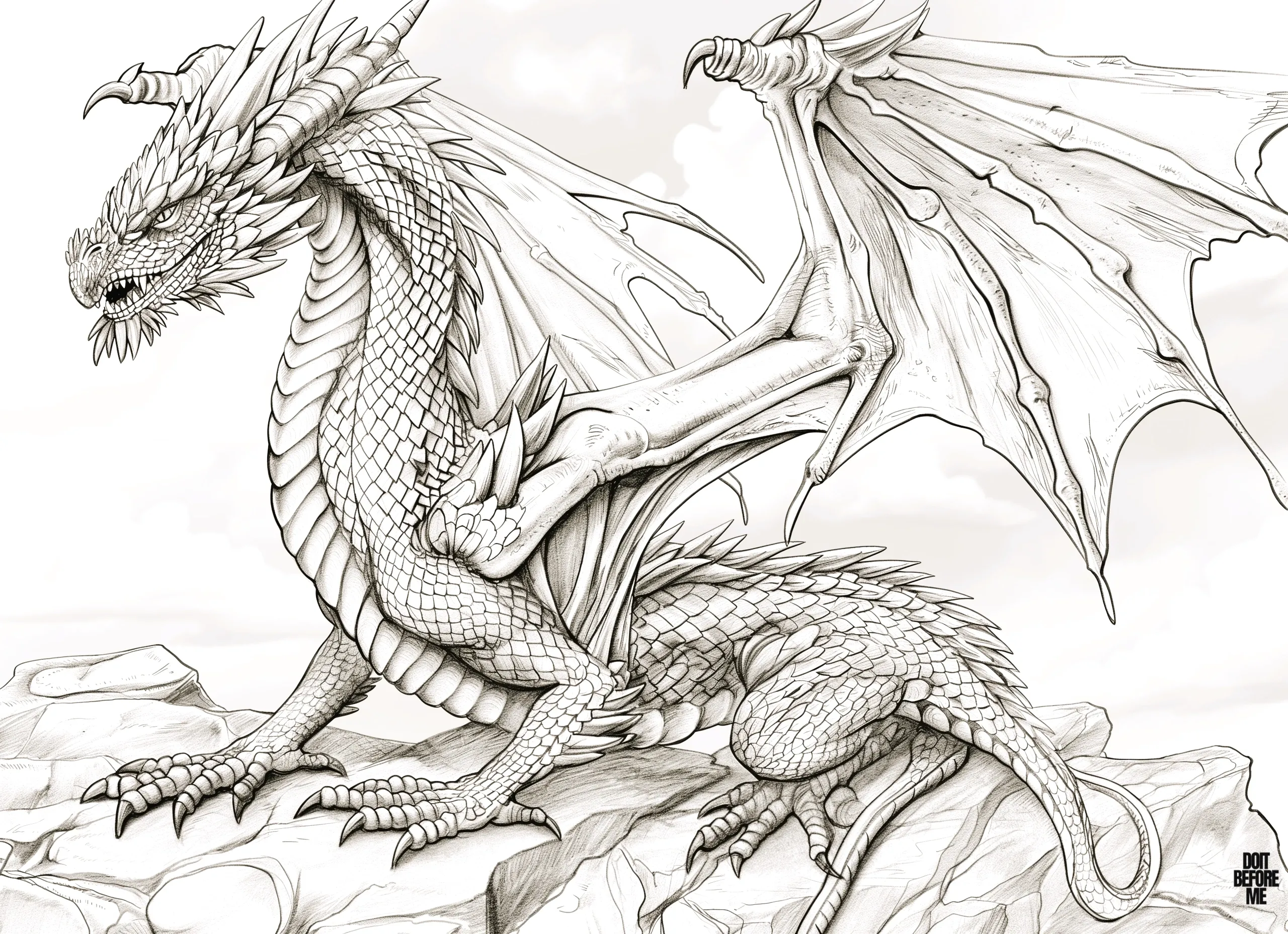 A vivid, realistic dragon coloring picture featuring a detailed depiction of a dragon, showcasing intricate full body textures and scales.