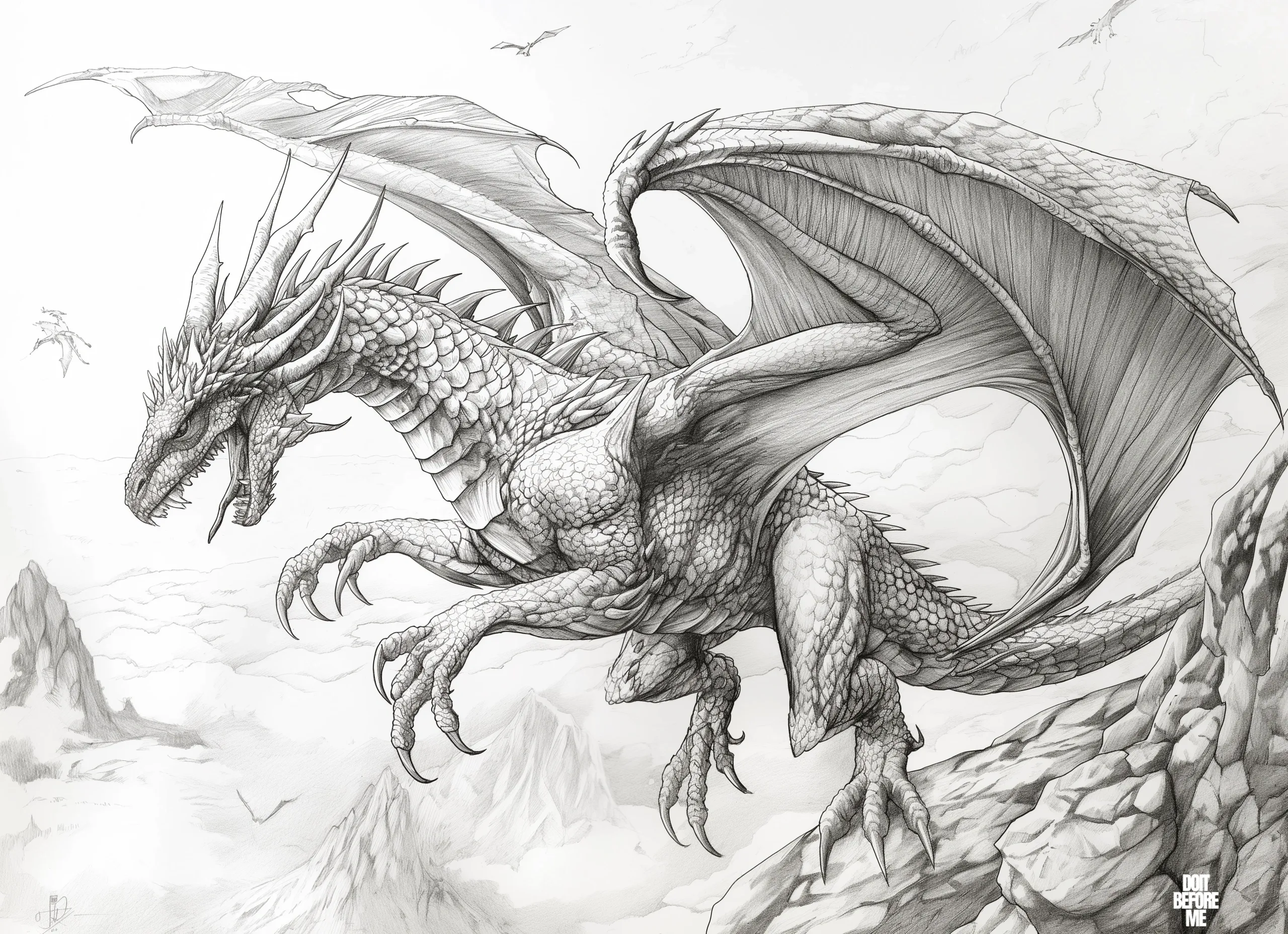 Scary realistic dragon flying furiously in the air: printable coloring page, suitable for advanced coloring enthusiasts and adults due to its detailed design.