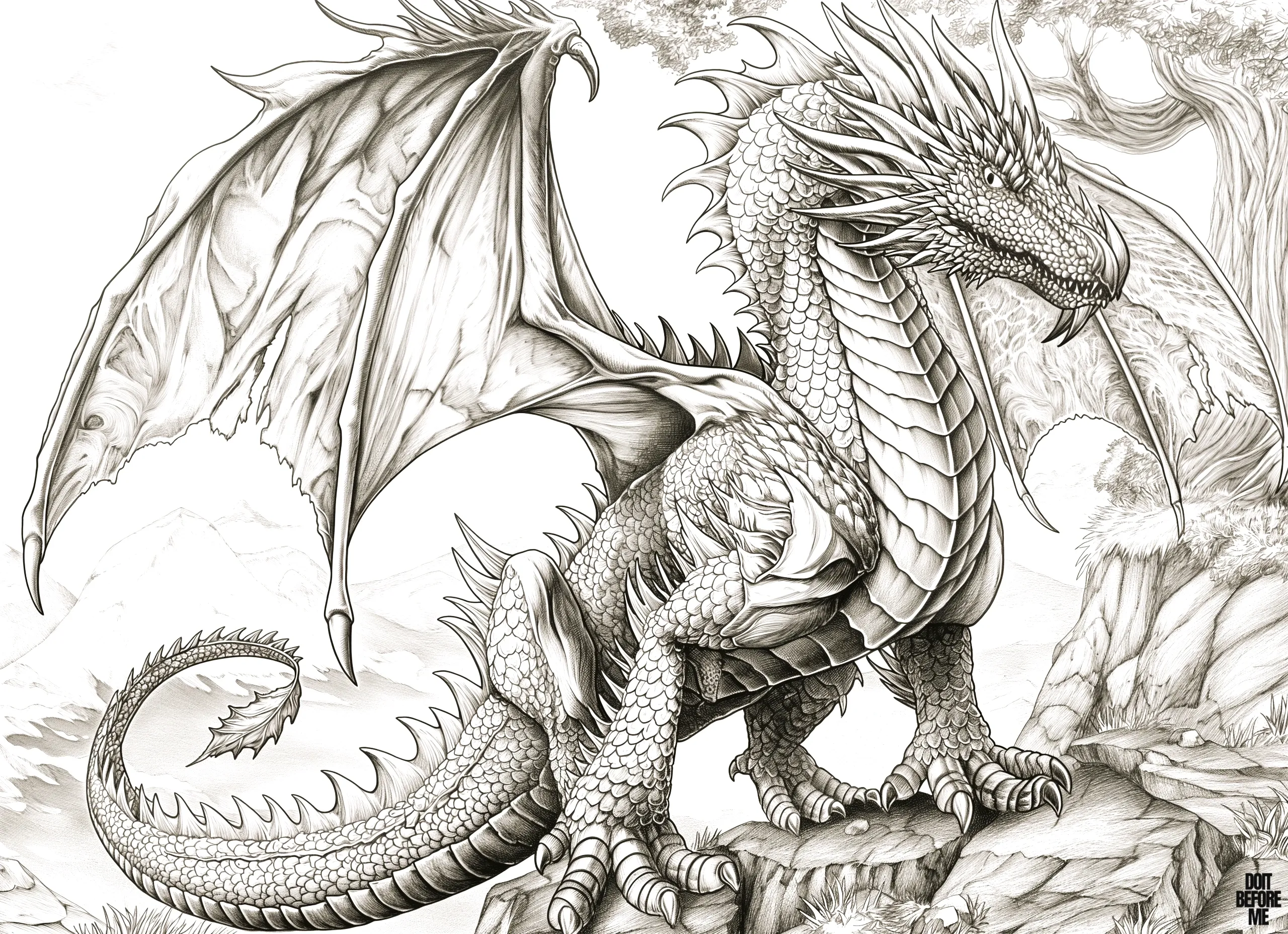 Printable coloring sheet featuring a detailed, realistic dragon illustration suitable for adults. The image displays a full-body view of the intricate dragon design.