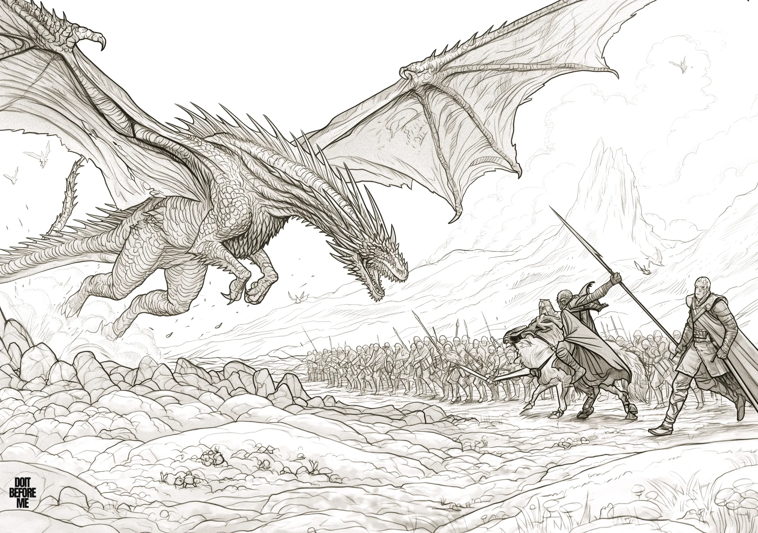 Detailed coloring page featuring a scary, realistic dragon flying above battling armies, showcasing intricate details in both the mythical dragon and the battling soldiers. Ideal for advanced adult coloring enthusiasts seeking detailed designs.