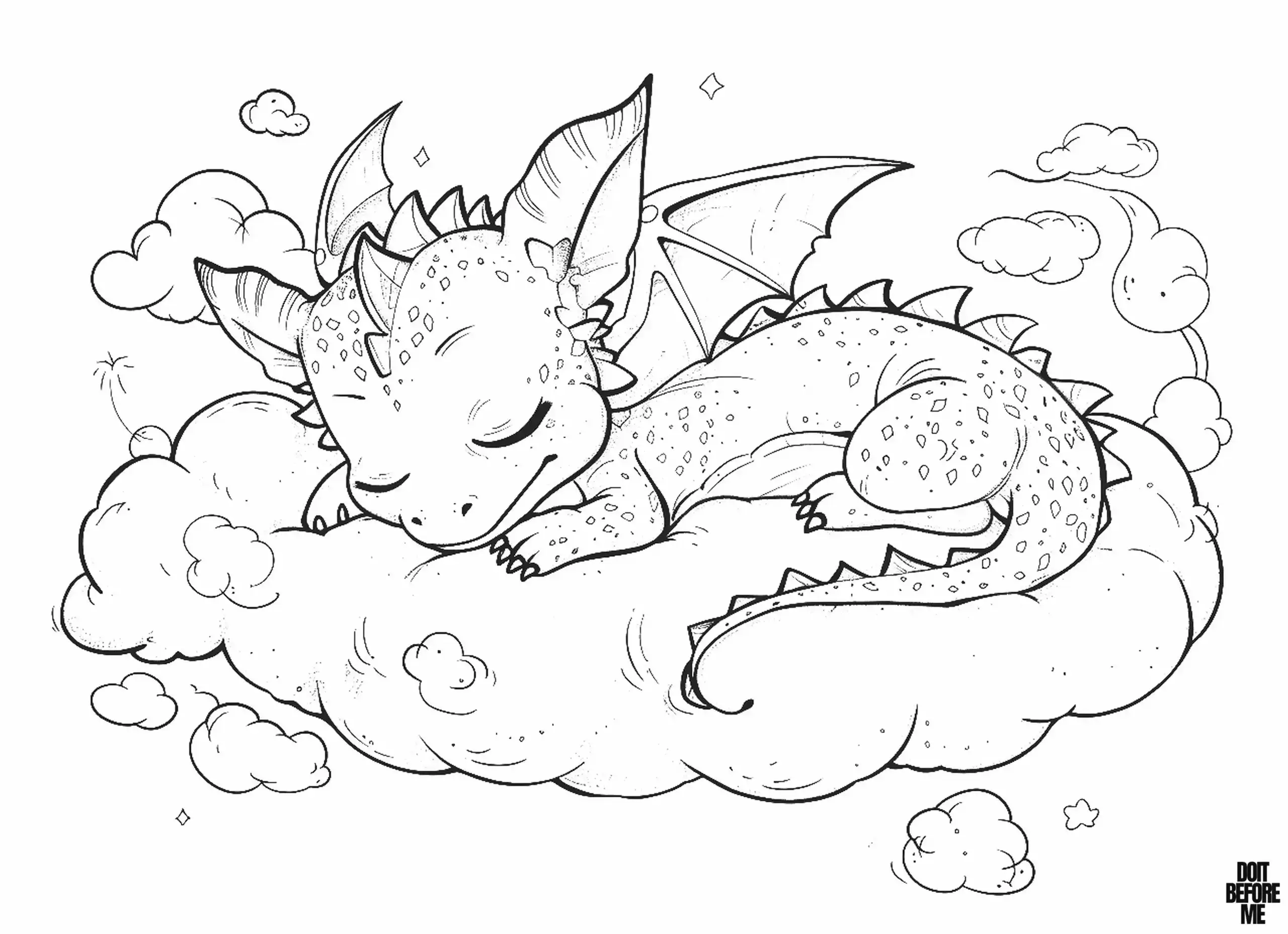 A sleeping baby dragon perched on a cloud in awe, the coloring sheet can be easily colored by children thanks to its cute and simple design.