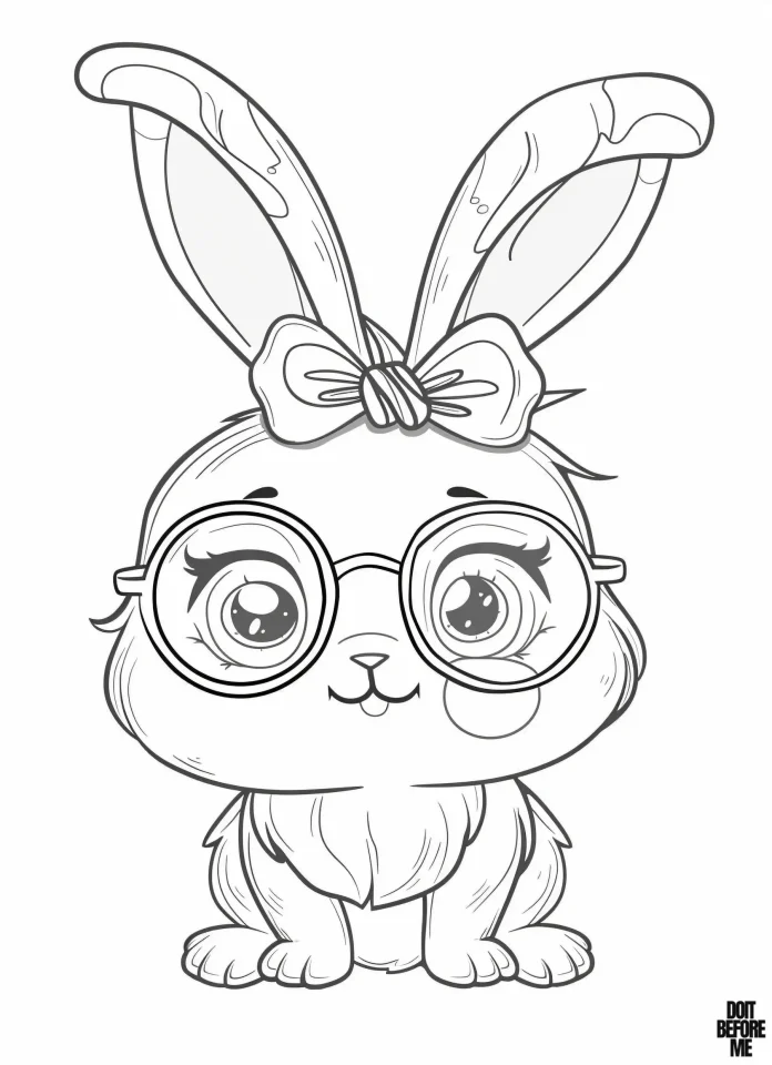 The female baby bunny wears a buckle, and her big, kawaii eyes sparkle behind large glasses.