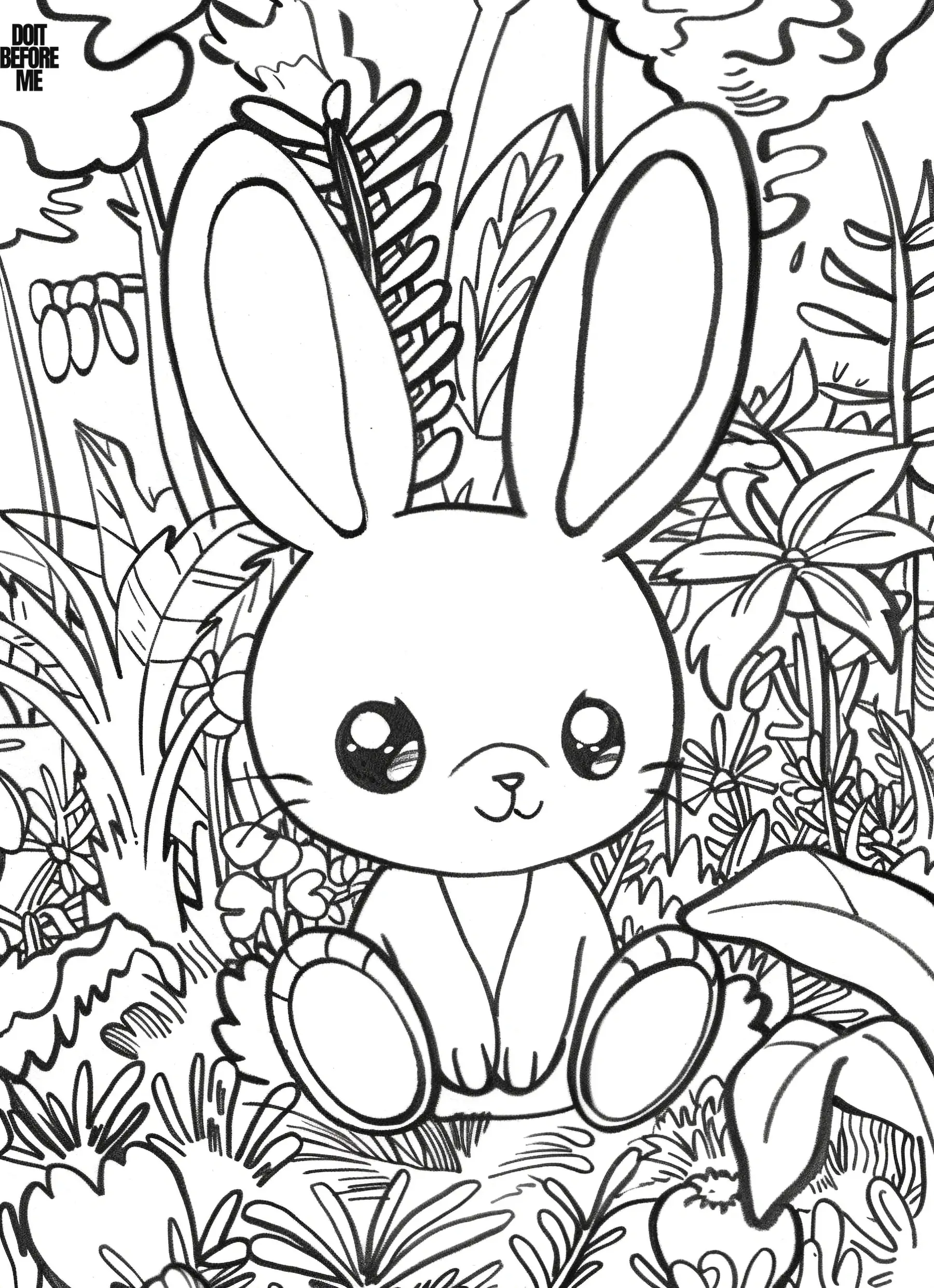 An affectionate baby bunny sits in the midst of a forest backdrop which is relatively complex and challenging to color. The rabbit possesses large, endearing kawaii eyes and wears an innocent expression that seems somewhat lost.