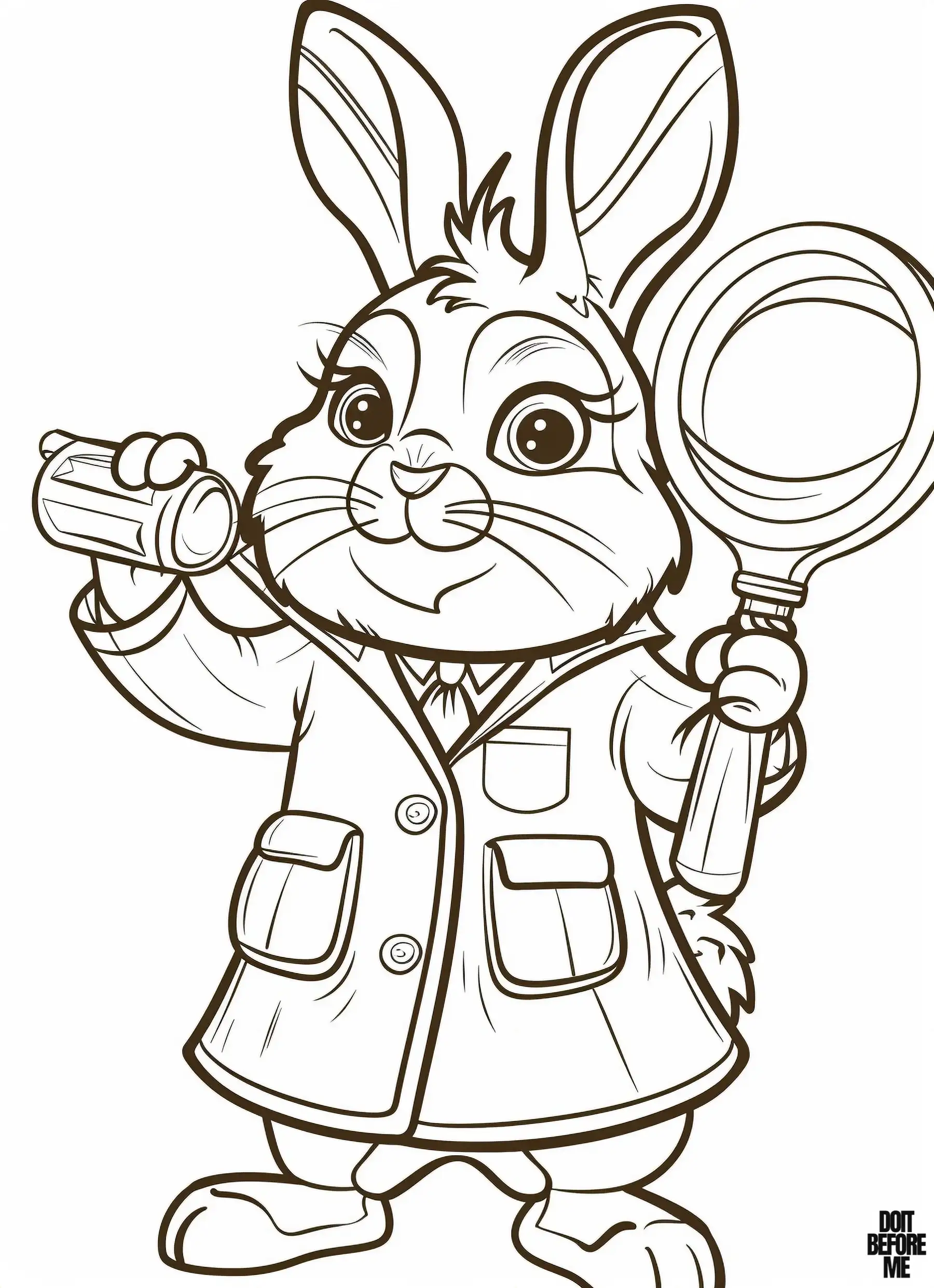 Detective rabbit standing on two legs as if it were a human, holding a magnifying glass in one hand and wearing a detective coat while investigating the crime.