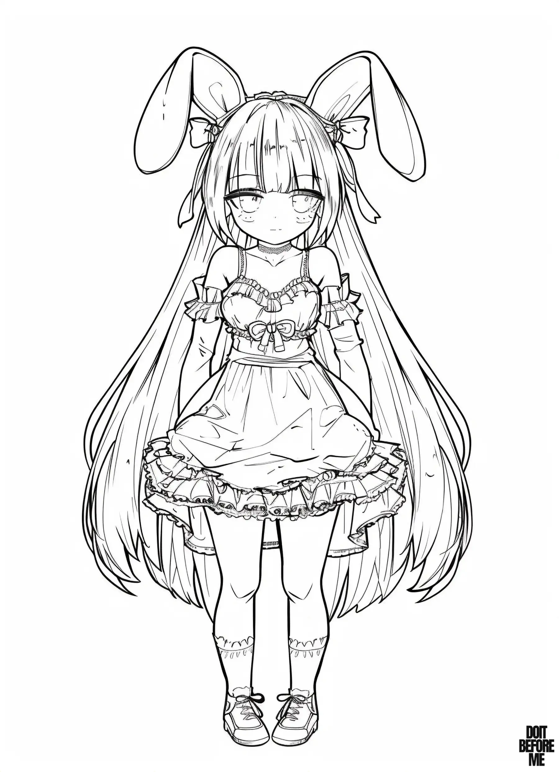 Cute kawaii anime bunny girl is wearing a stylish dress, her hair so long it almost touches the ground, with her hands clasped behind her back. She appears slightly sad and unhappy.