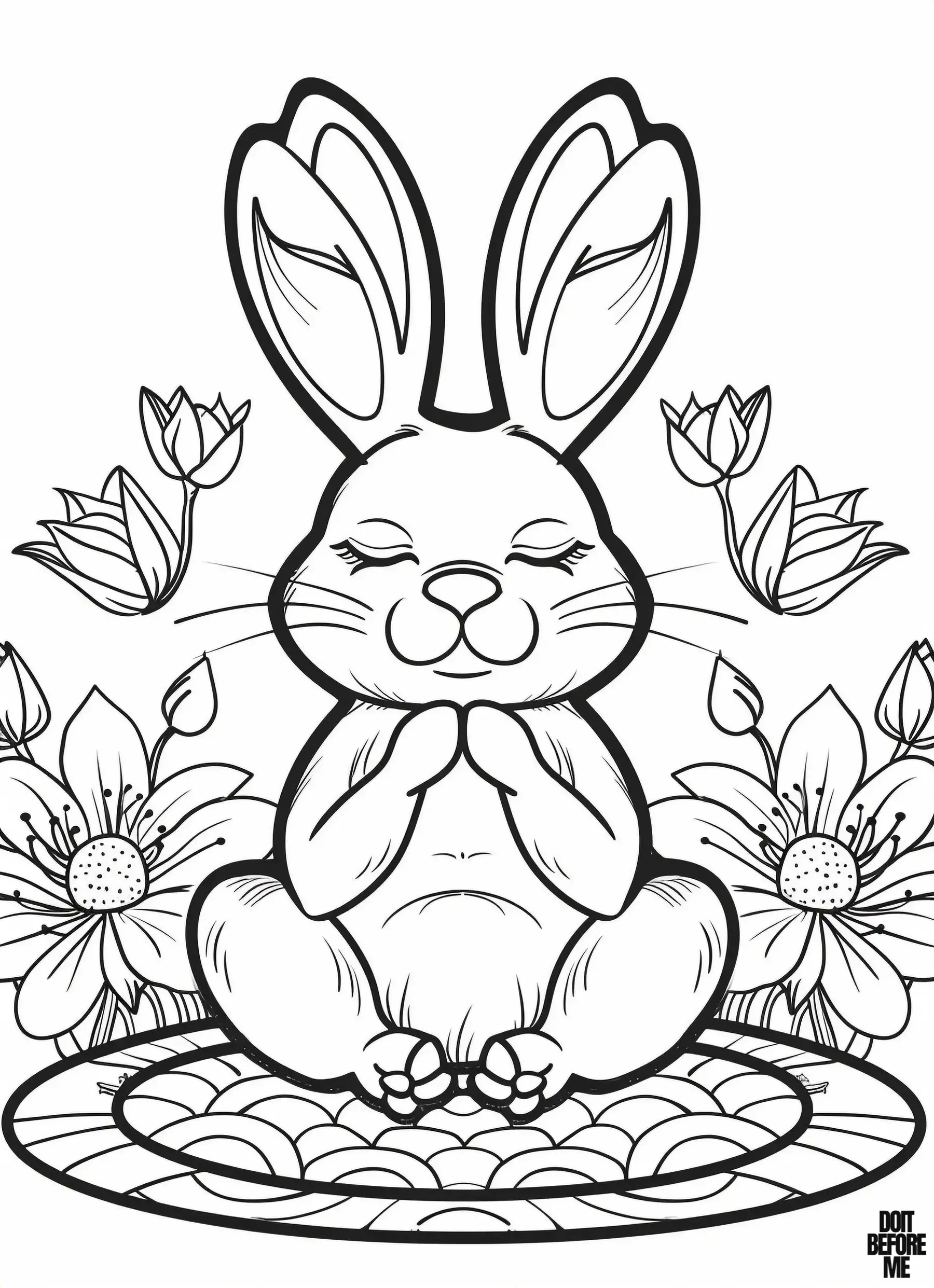 Lilies are in bloom around a Bunny's Zen Moment. The bunny sits cross-legged, focused, eyes closed, hands clasped, immersed in meditation.