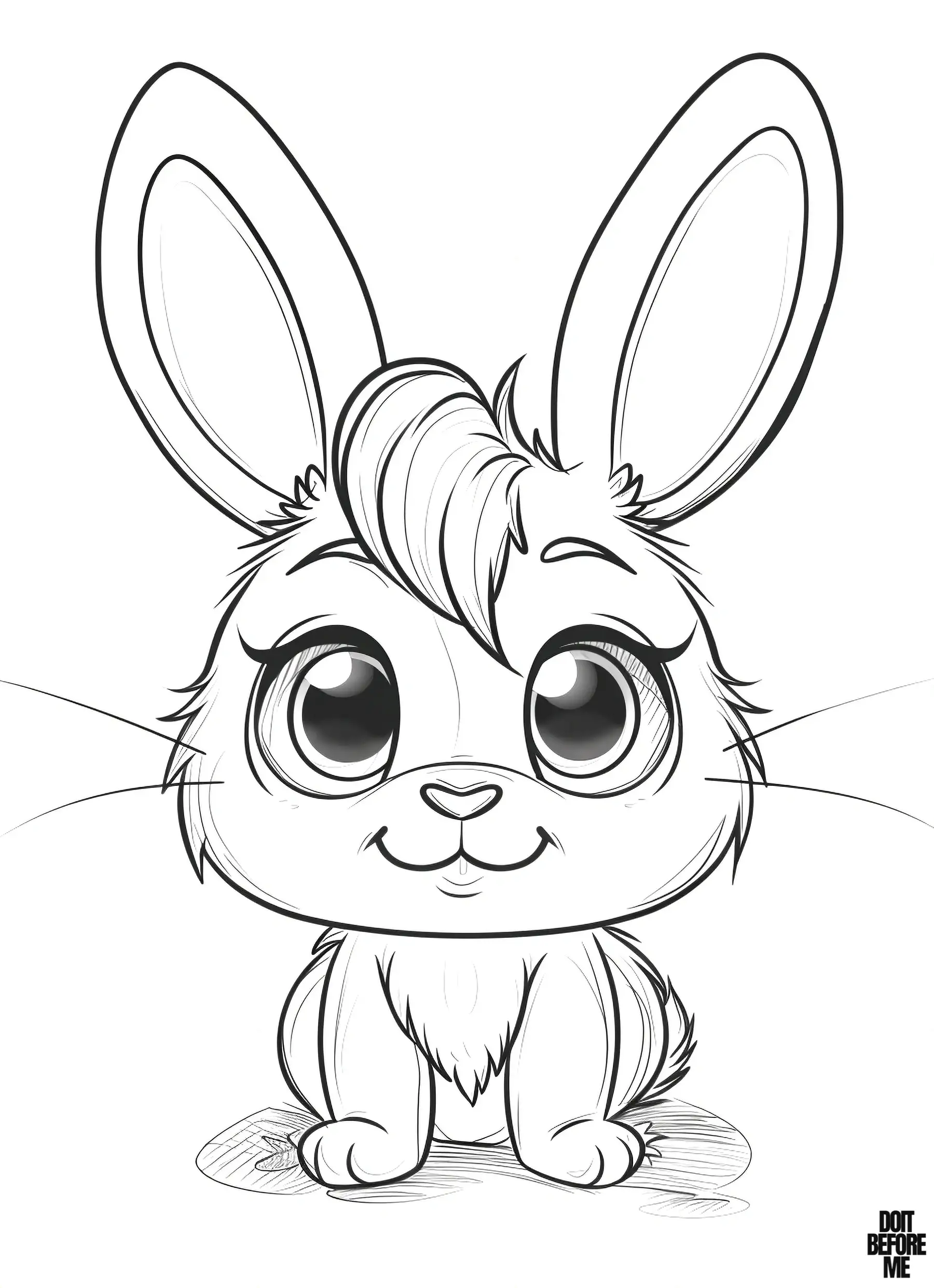 A cute baby bunny with big, kawaii eyes and a relatively simple design, with hair falling in front of her eyes.