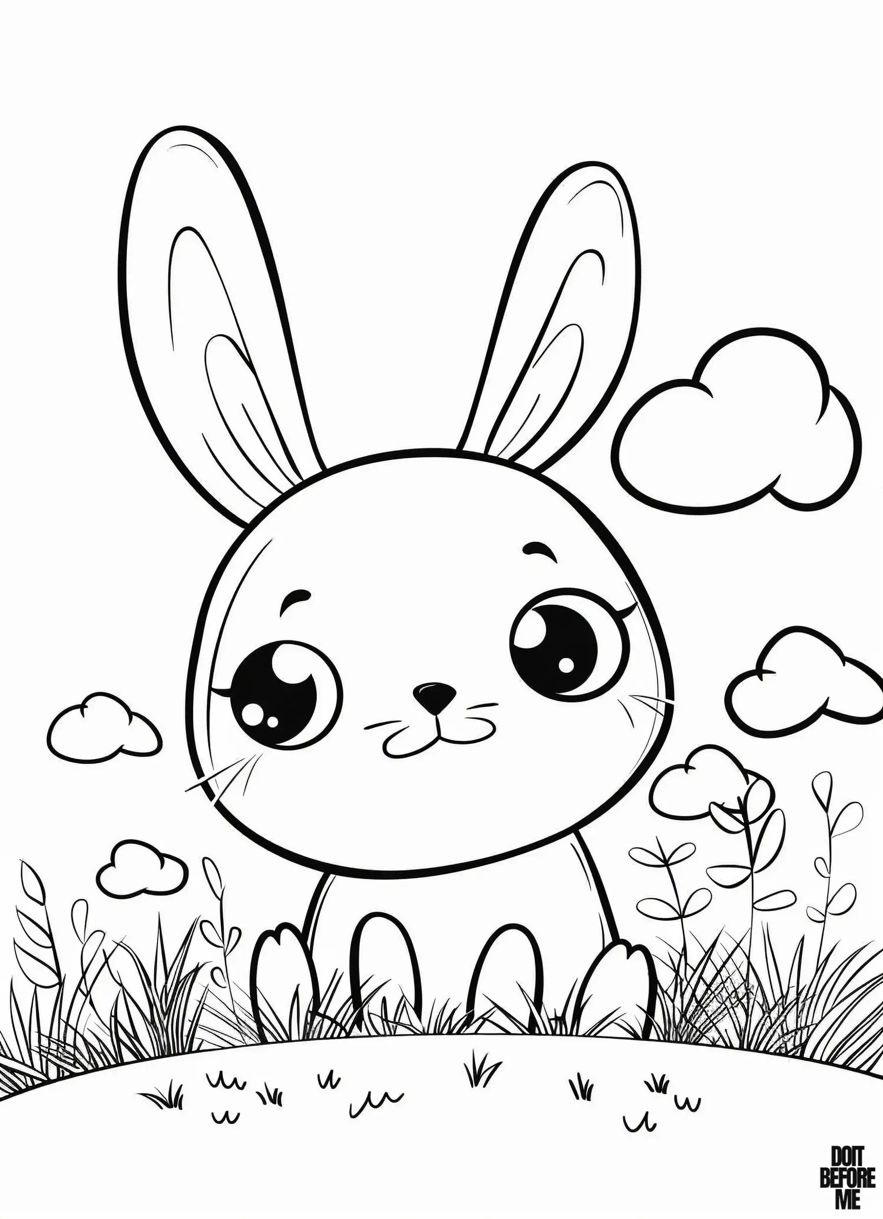 A cartoon rabbit, designed for children, sits in the center of a meadow, surrounded by grass, under a clear sky with a few clouds. It's an easy-to-color design.