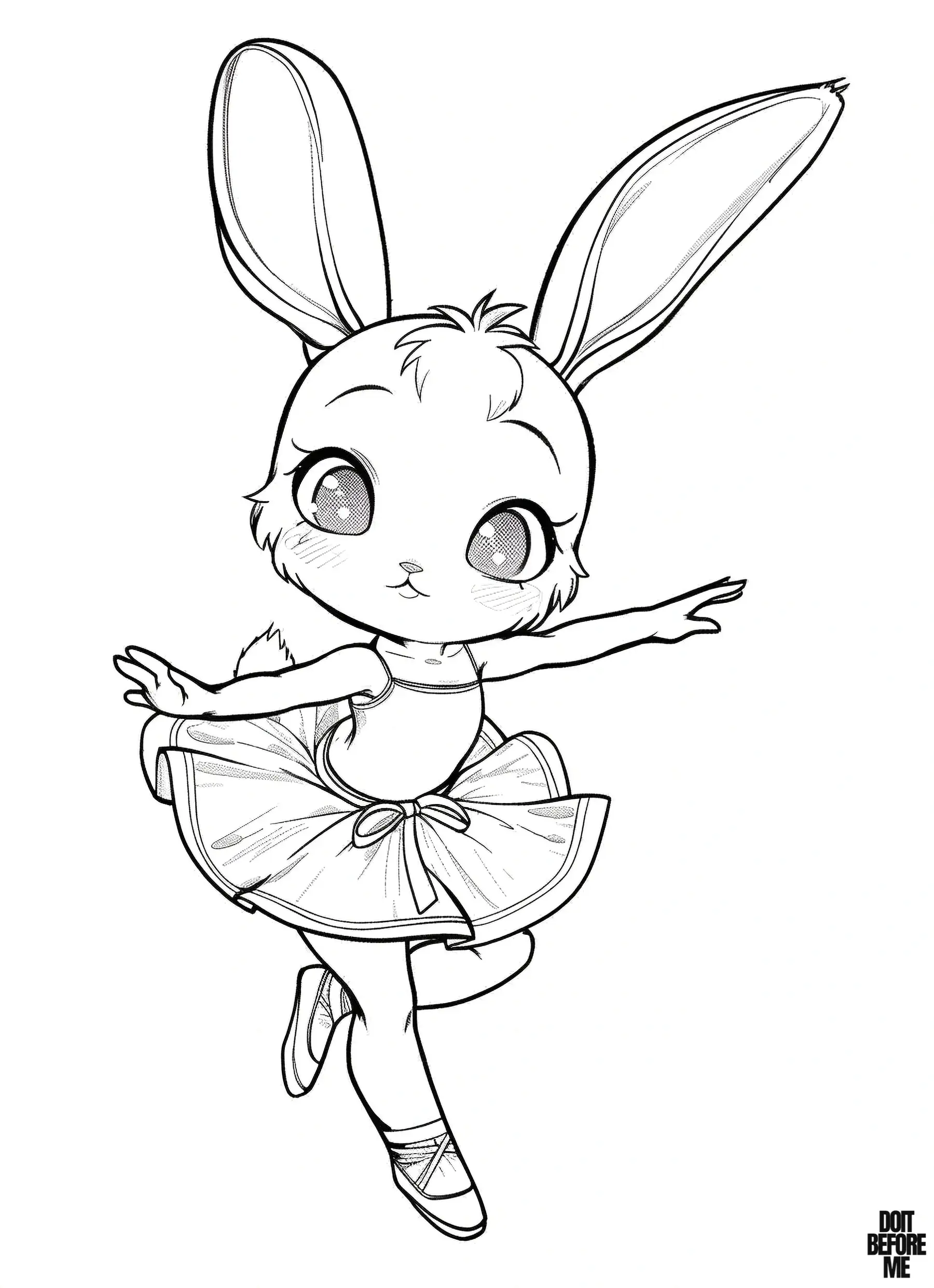 A cute ballerina bunny with big eyes stands poised, her hands open to both sides as she prepares to perform a ballet show, one leg gracefully lifted in the air.