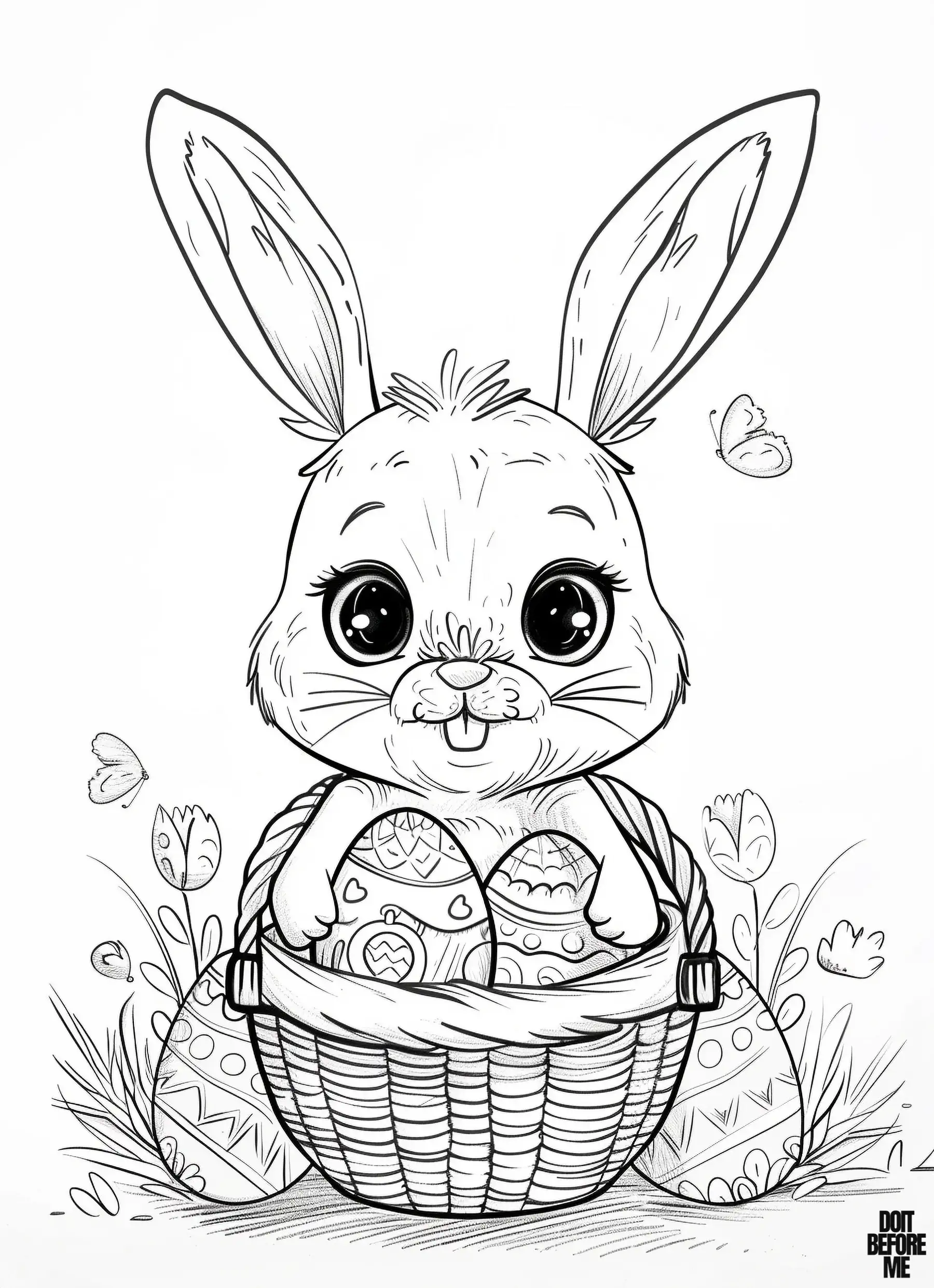 A bunny, ready to celebrate Easter, sits inside a basket filled with Easter eggs, while two butterflies flutter around. In the background, two tulip flowers stand amidst a meadow scene, perfect for children celebrating the arrival of spring.