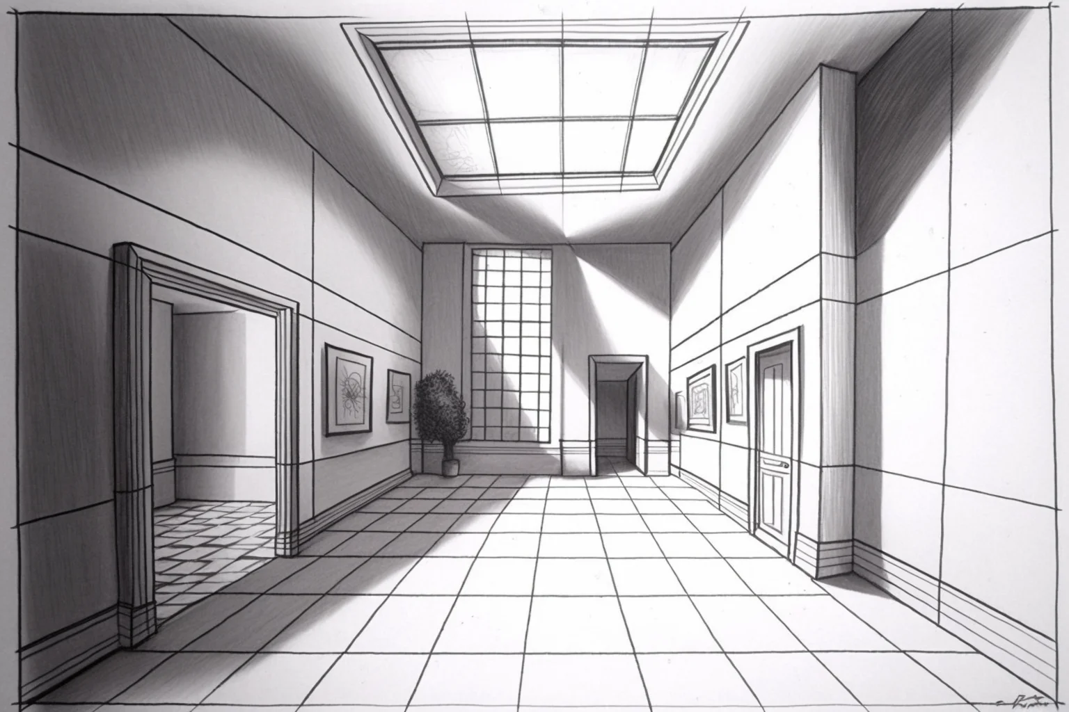 one point perspective drawing hallway
