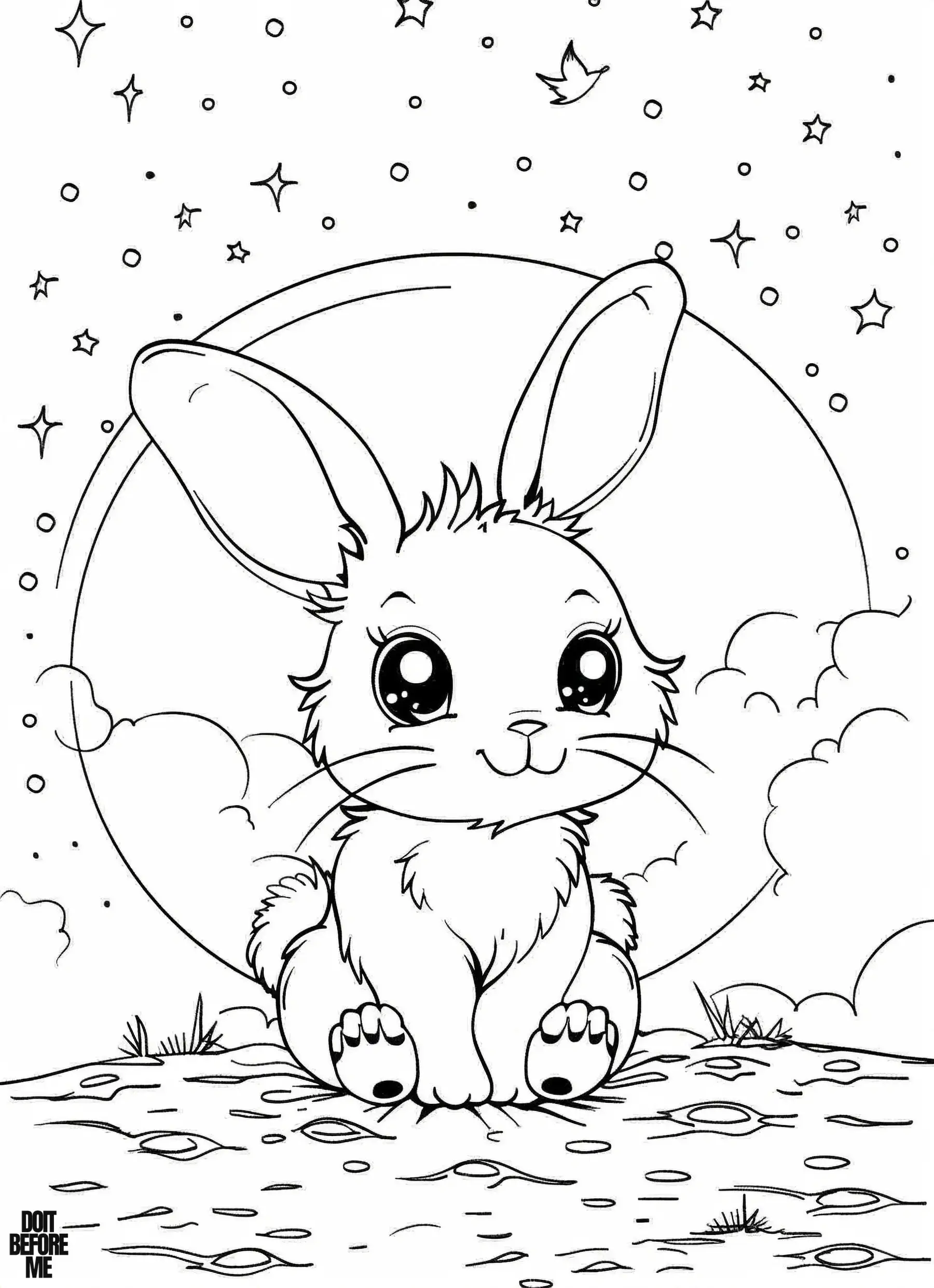 A kawaii bunny sits happily in front of a sky filled with stars, accompanied by a huge moon in the background and clouds beside it.