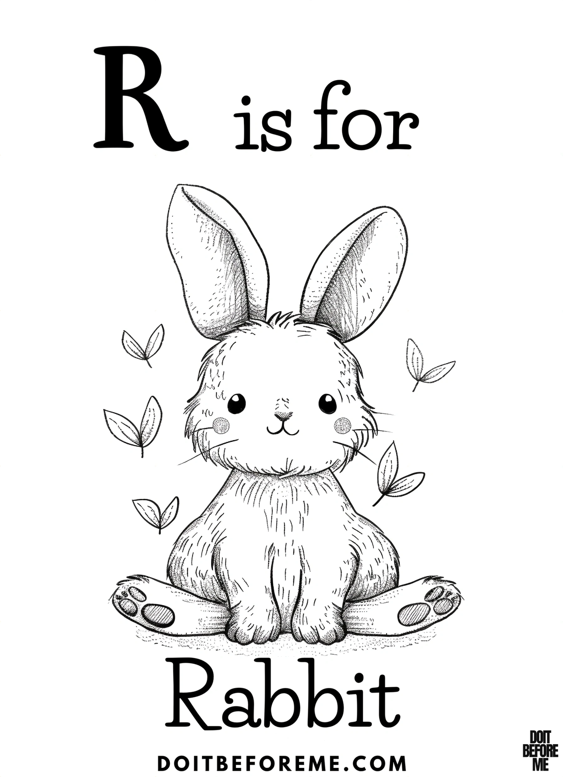 A paintable sheet is designed with a rabbit that says "R is for Rabbit" to aid children in learning the letter R.