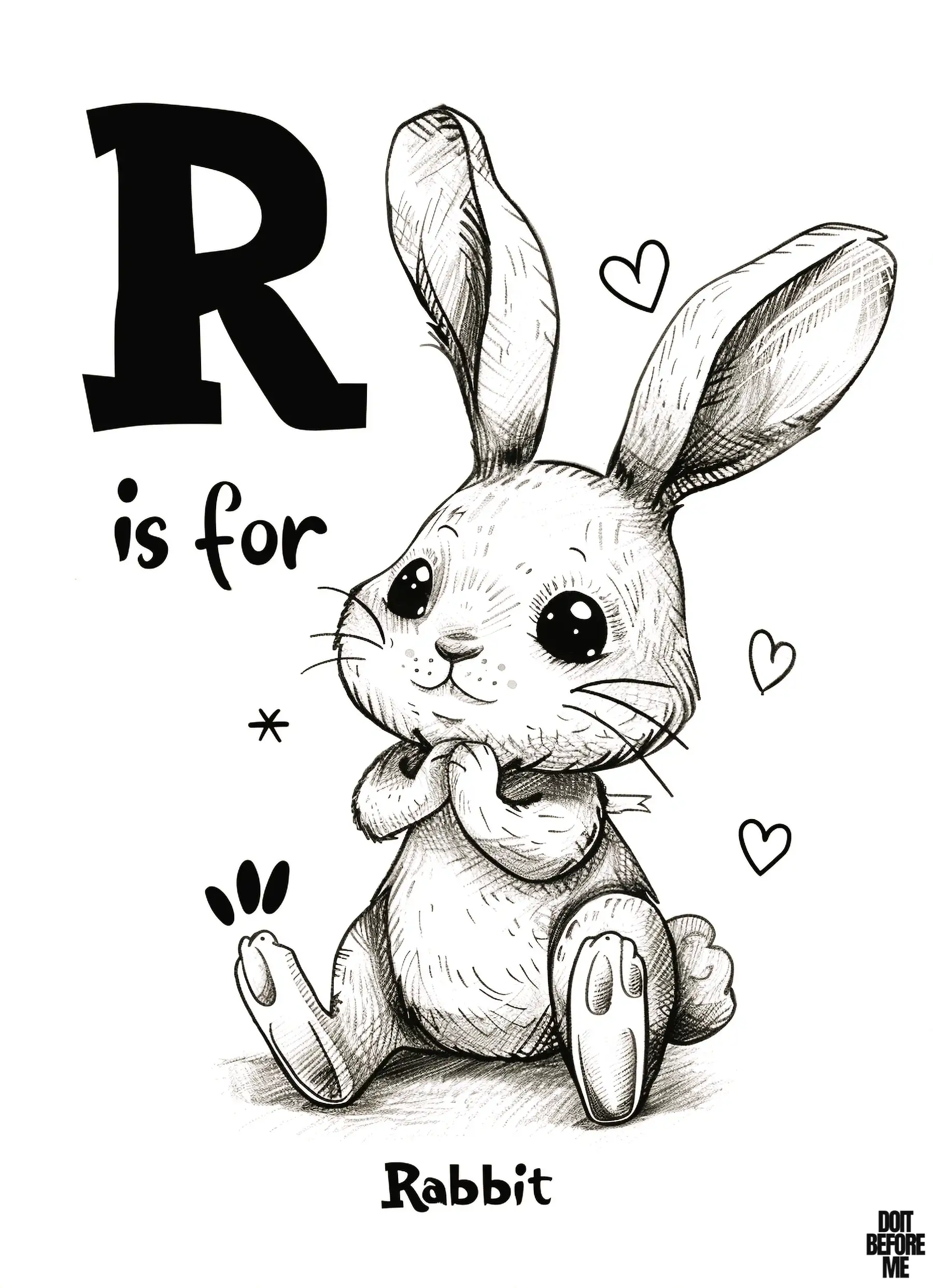 The letter "R" stands for Rabbit, depicted with hearts, a bunny with shining eyes, clasping her hands together.