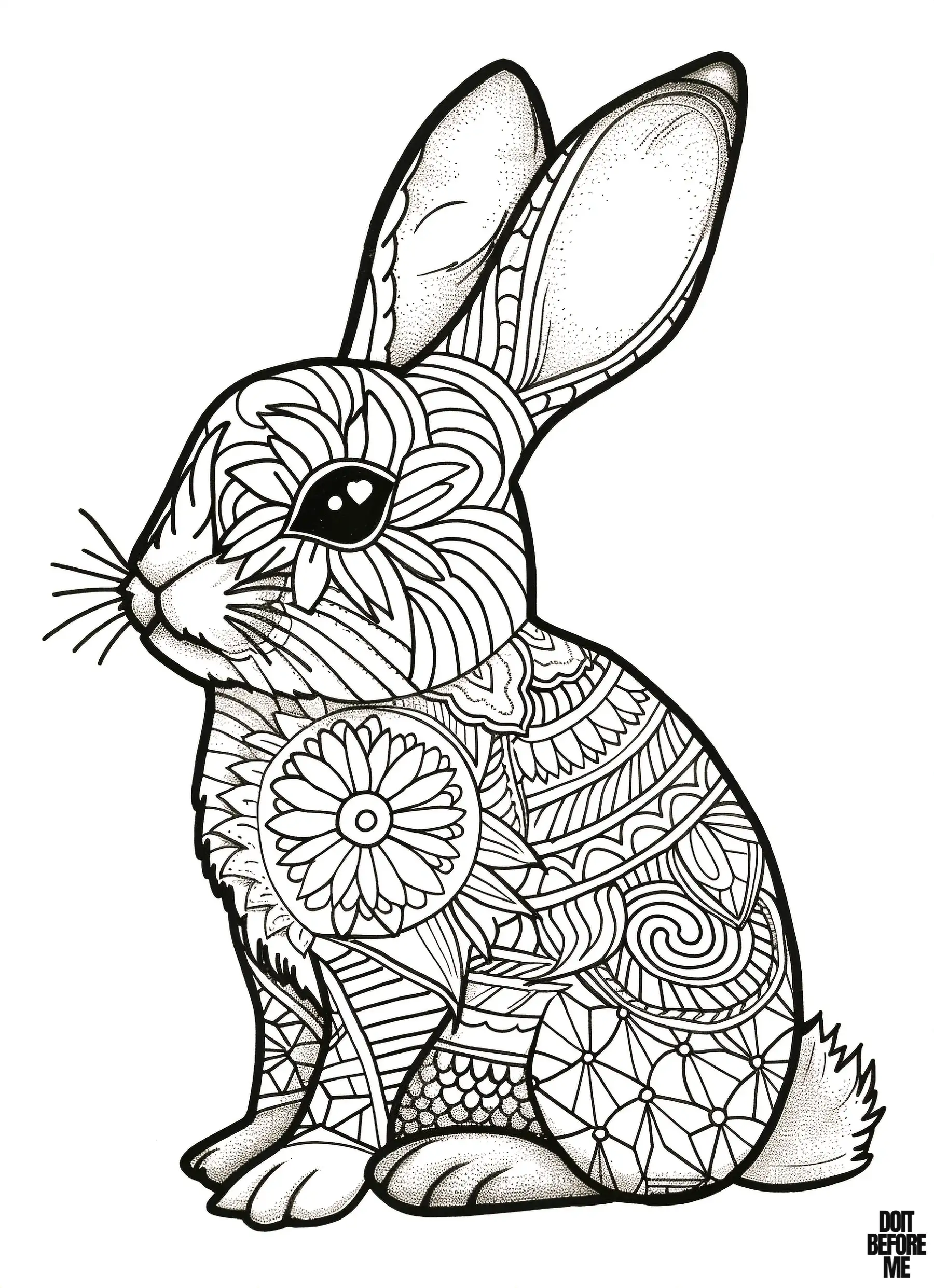 A zentangle and mandala-inspired adult rabbit, more suitable for adult coloring due to its intricate patterns.